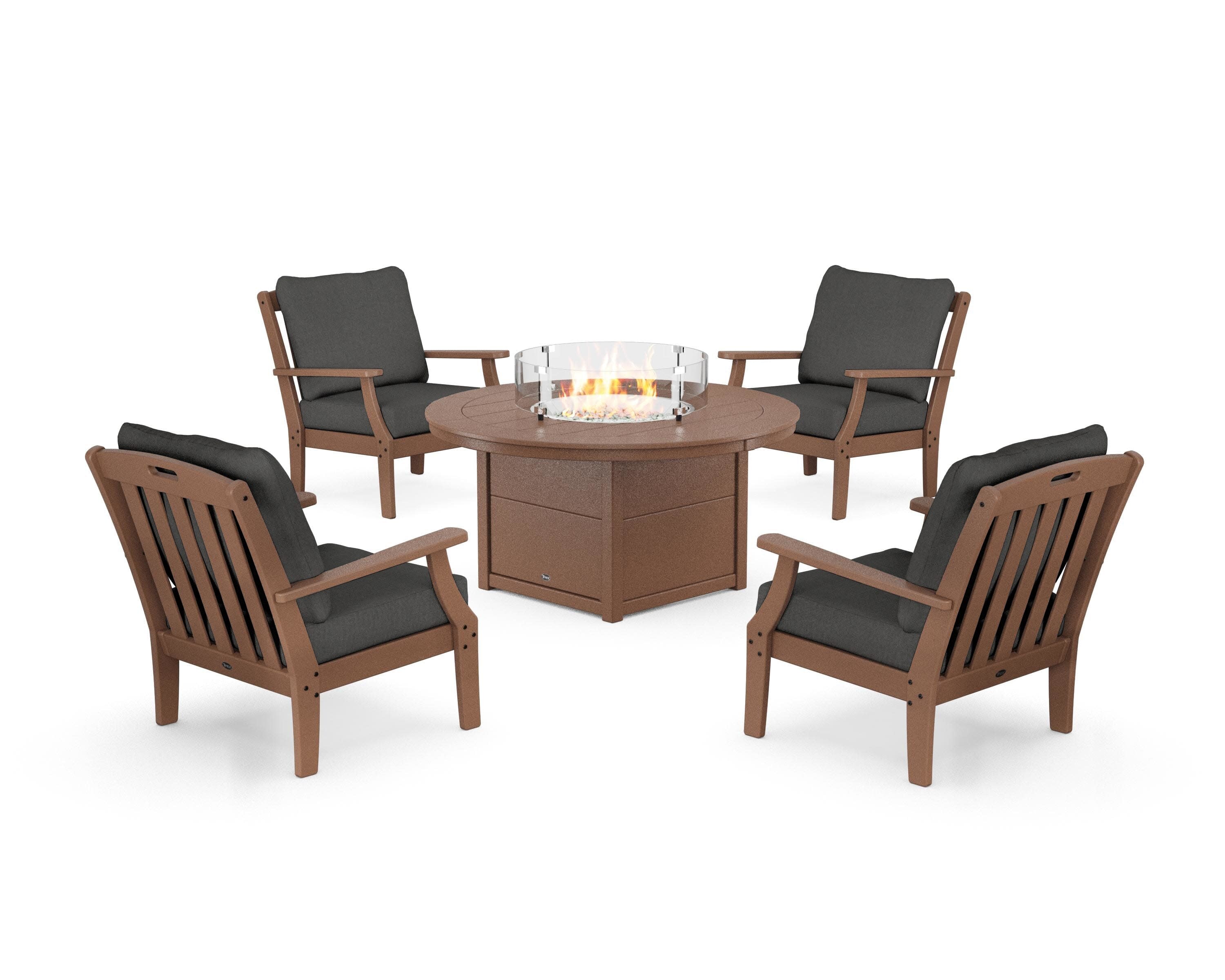 Yacht Club 5-Piece Deep Seating Set with Round Fire Pit Table in Tree House / Spectrum Carbon