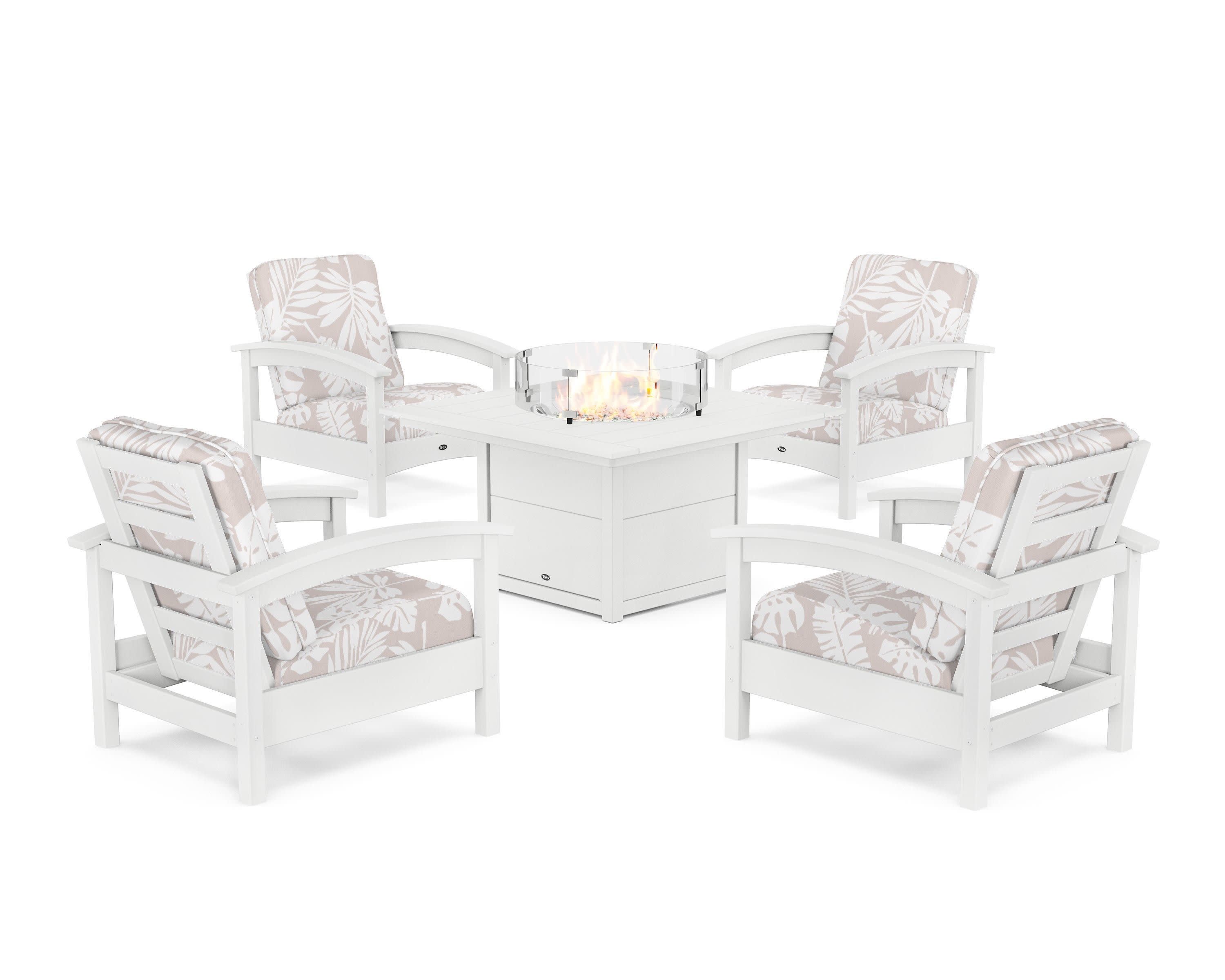 Rockport 5-Piece Deep Seating Set with Square Fire Pit Table in Classic White / Leaf Dune Burlap