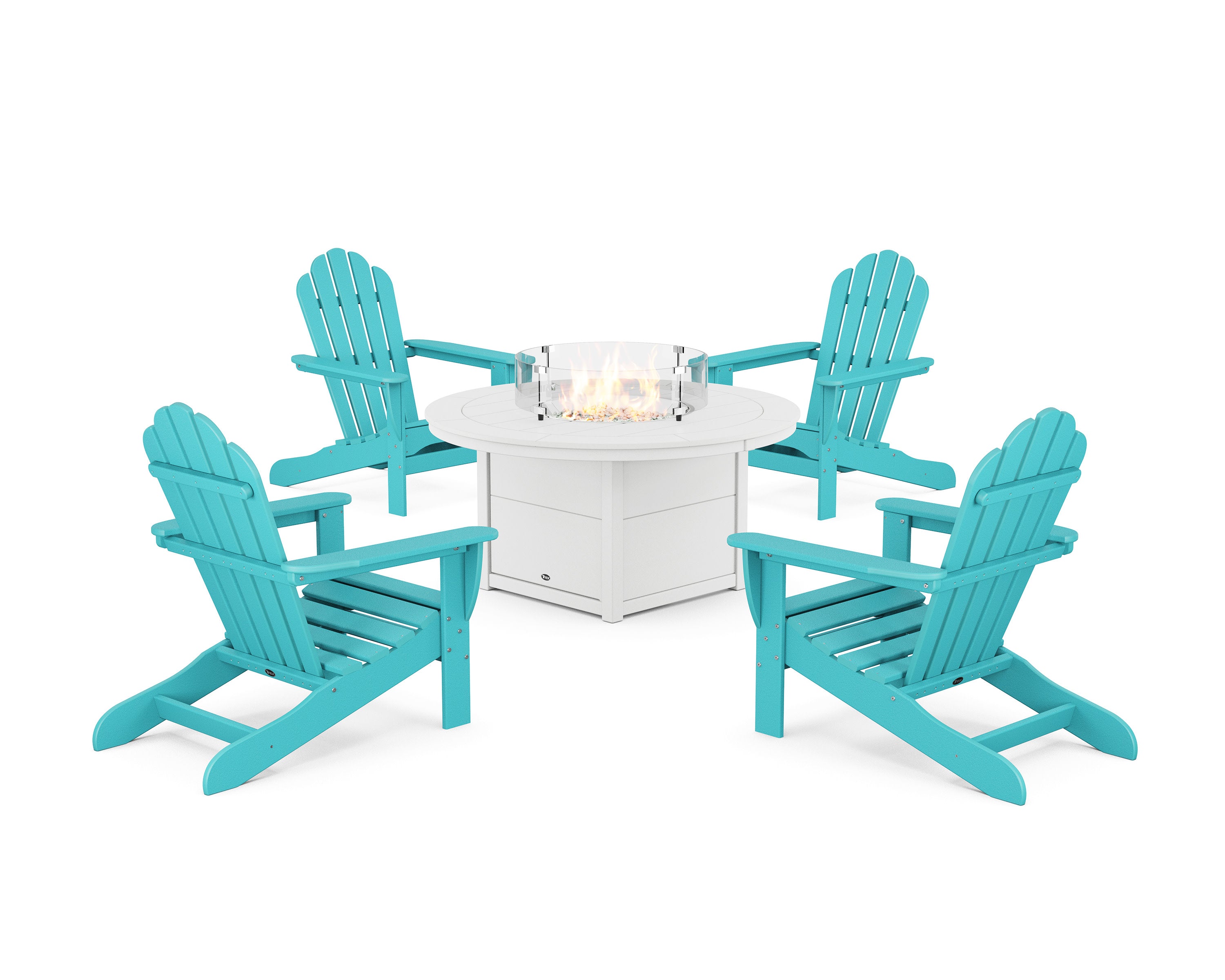 5-Piece Monterey Bay Adirondack Conversation Set with Fire Pit Table in Aruba
