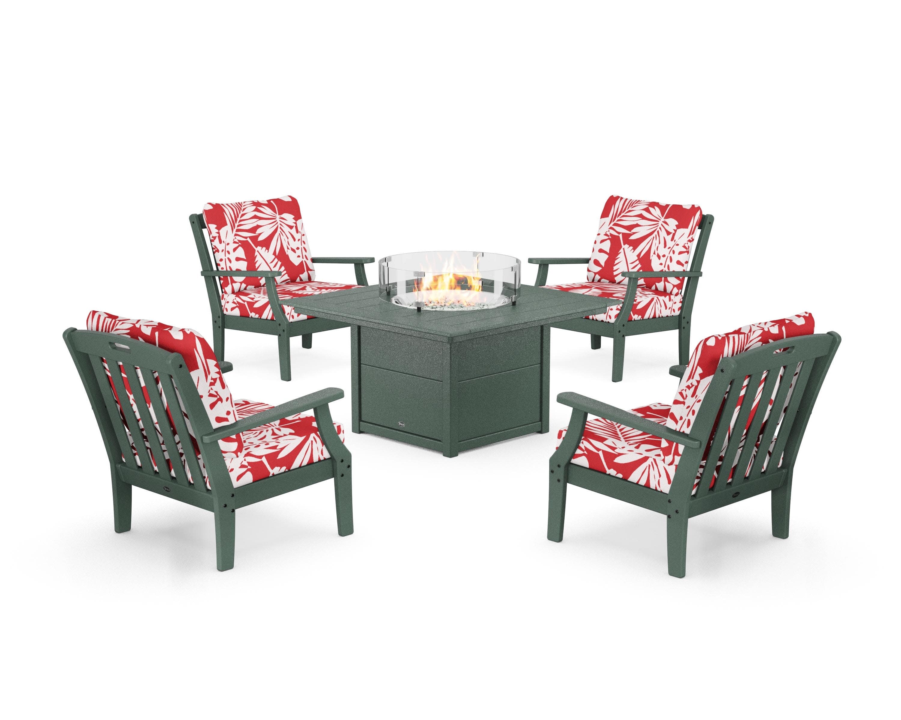 Yacht Club 5-Piece Deep Seating Set with Square Fire Pit Table in Rainforest Canopy / Leaf Crimson