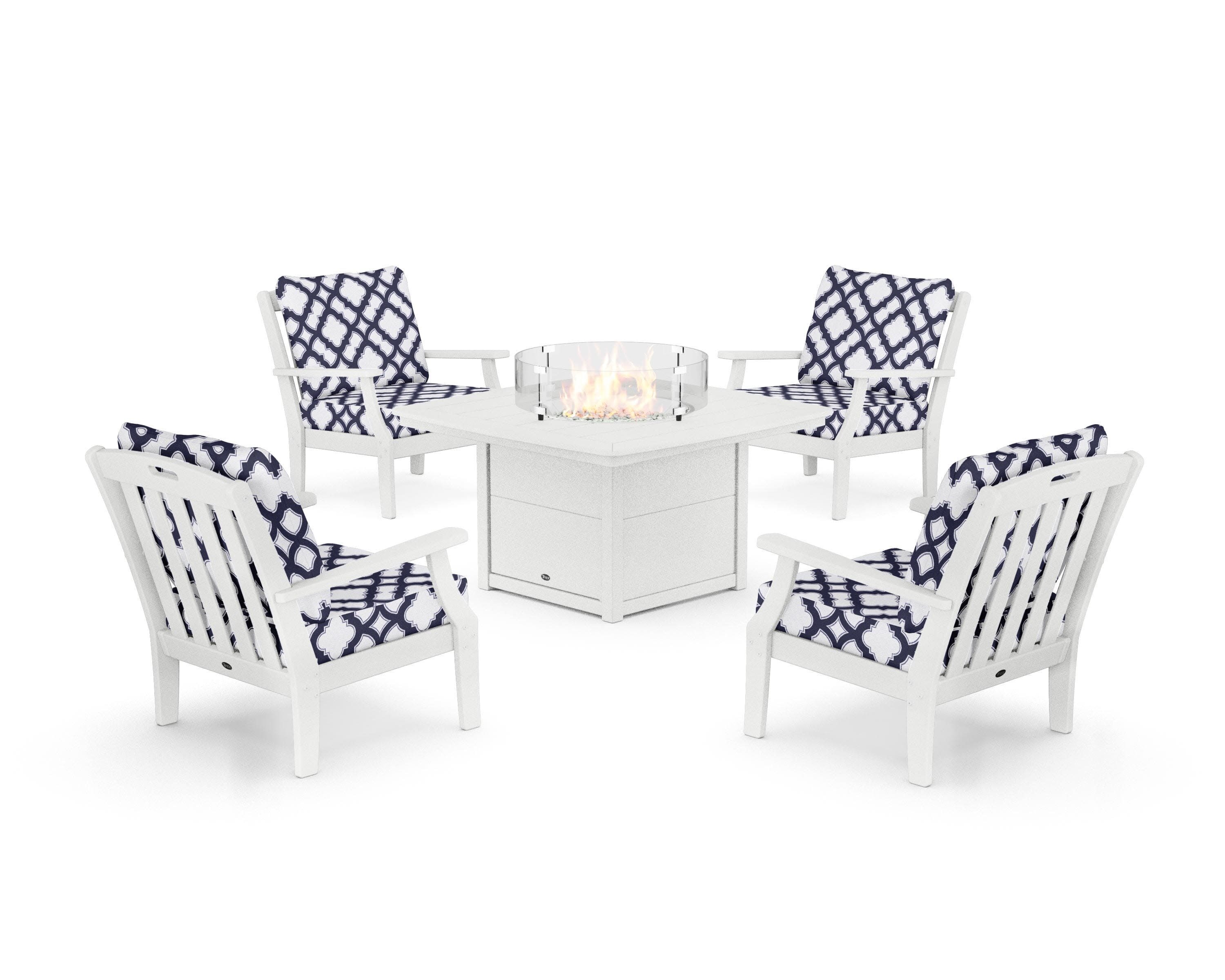 Yacht Club 5-Piece Deep Seating Set with Fire Pit Table in Classic White / Trellis Navy