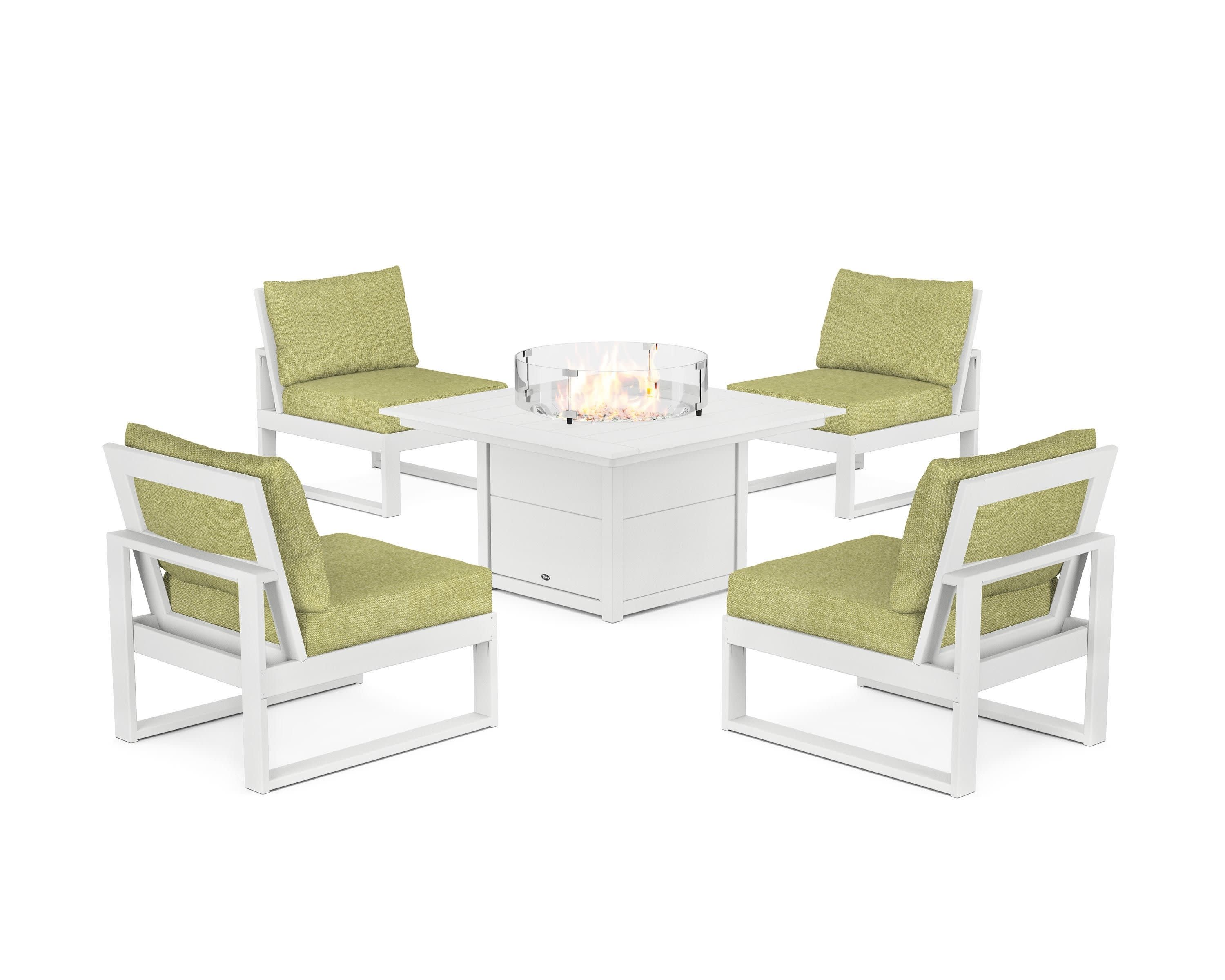 Eastport Modular 5-Piece Deep Seating Set with Square Fire Pit Table in Classic White / Chartreuse Boucle