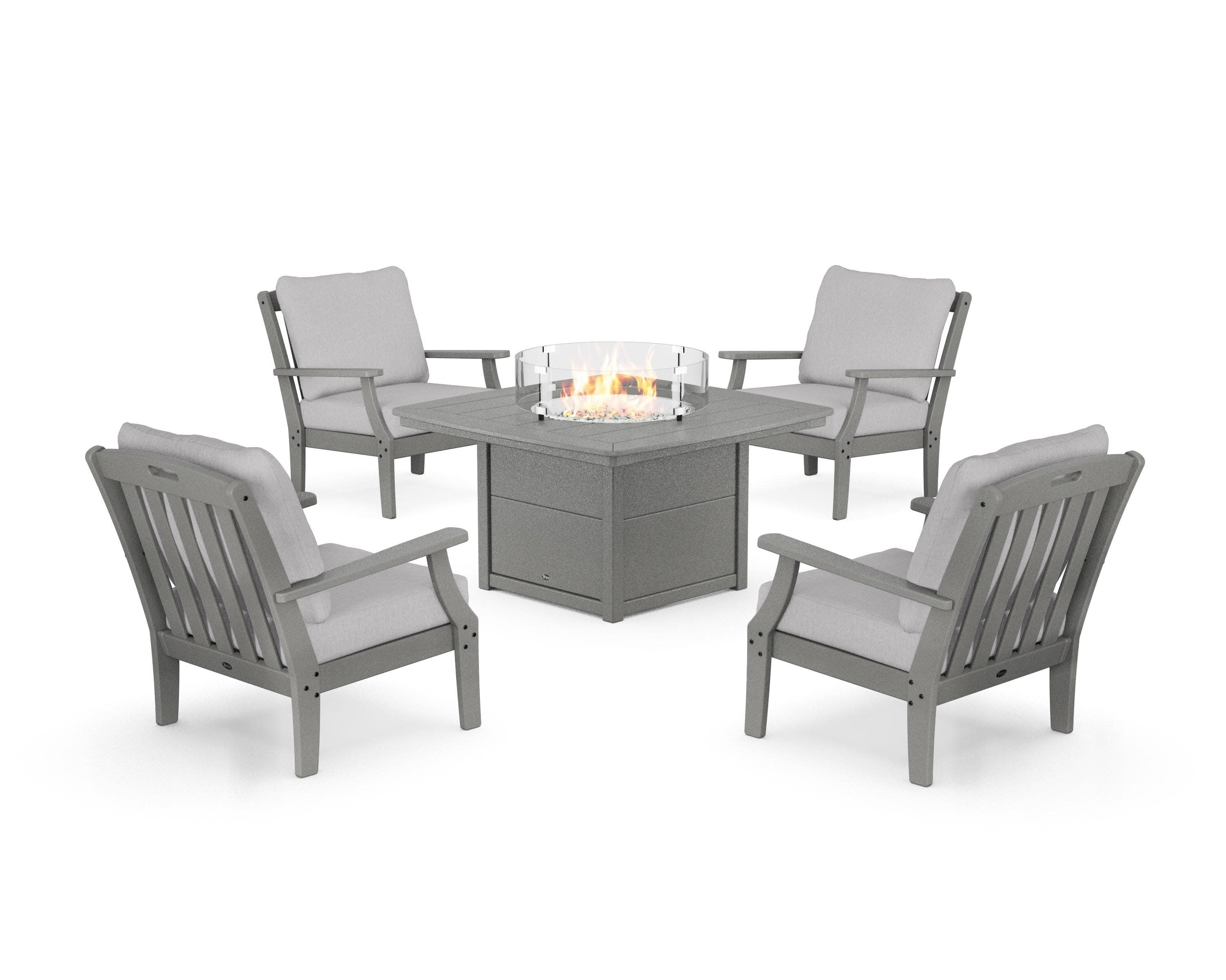Yacht Club 5-Piece Deep Seating Set with Fire Pit Table in Stepping Stone / Granite