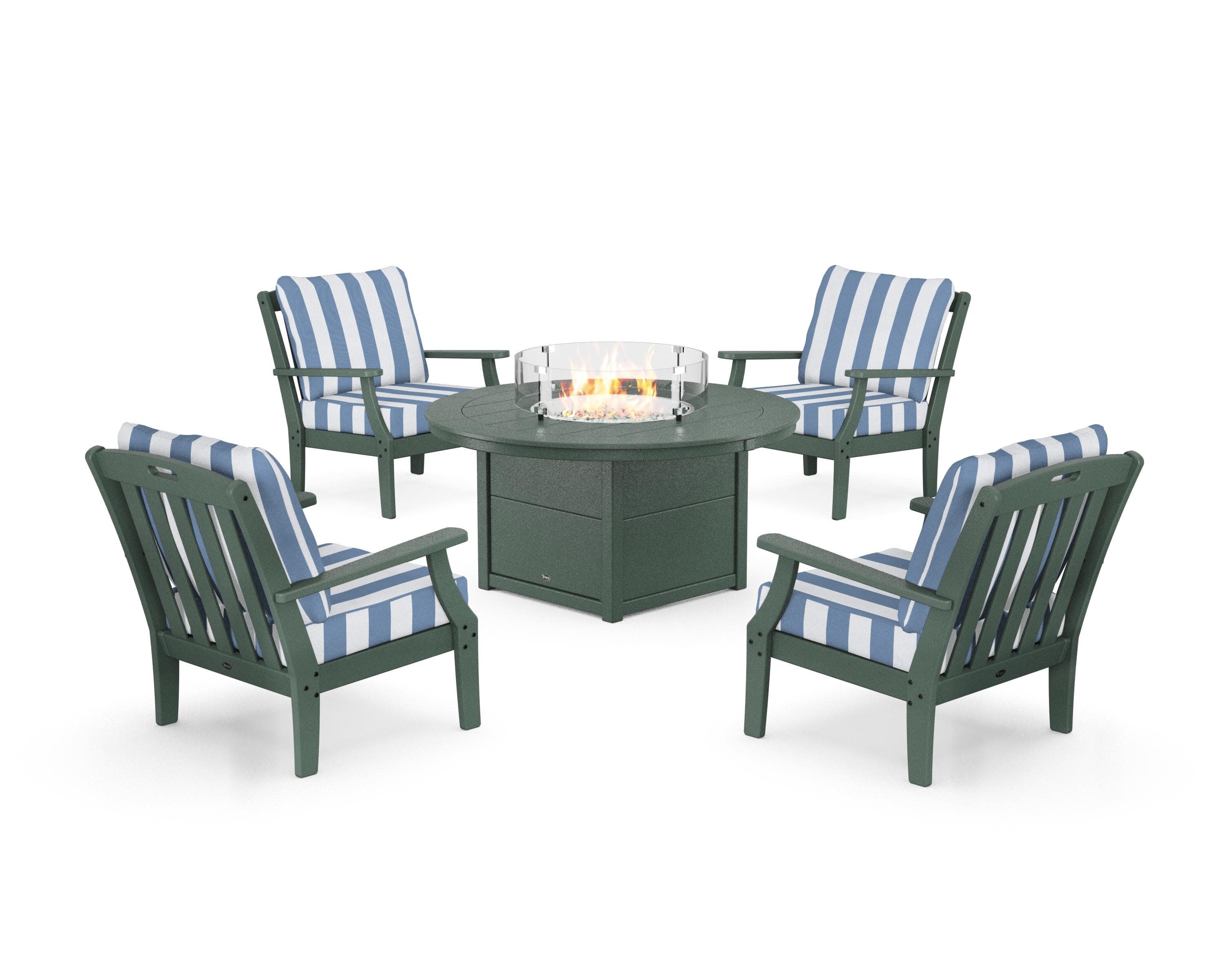 Yacht Club 5-Piece Deep Seating Set with Round Fire Pit Table in Rainforest Canopy / Cabana Stripe Sky Blue
