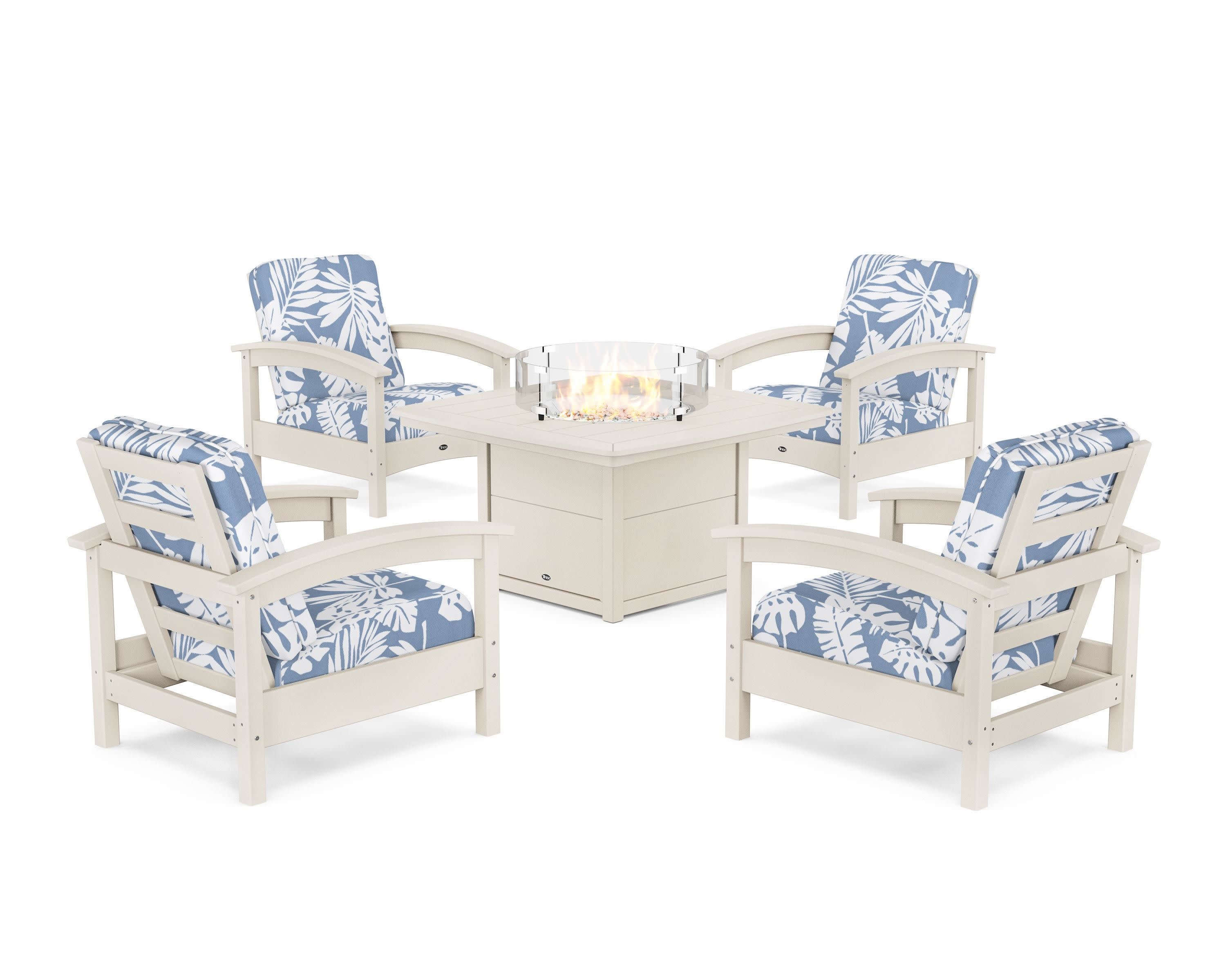 Rockport 5-Piece Deep Seating Set with Yacht Club Fire Pit Table in Sand Castle / Leaf Sky Blue