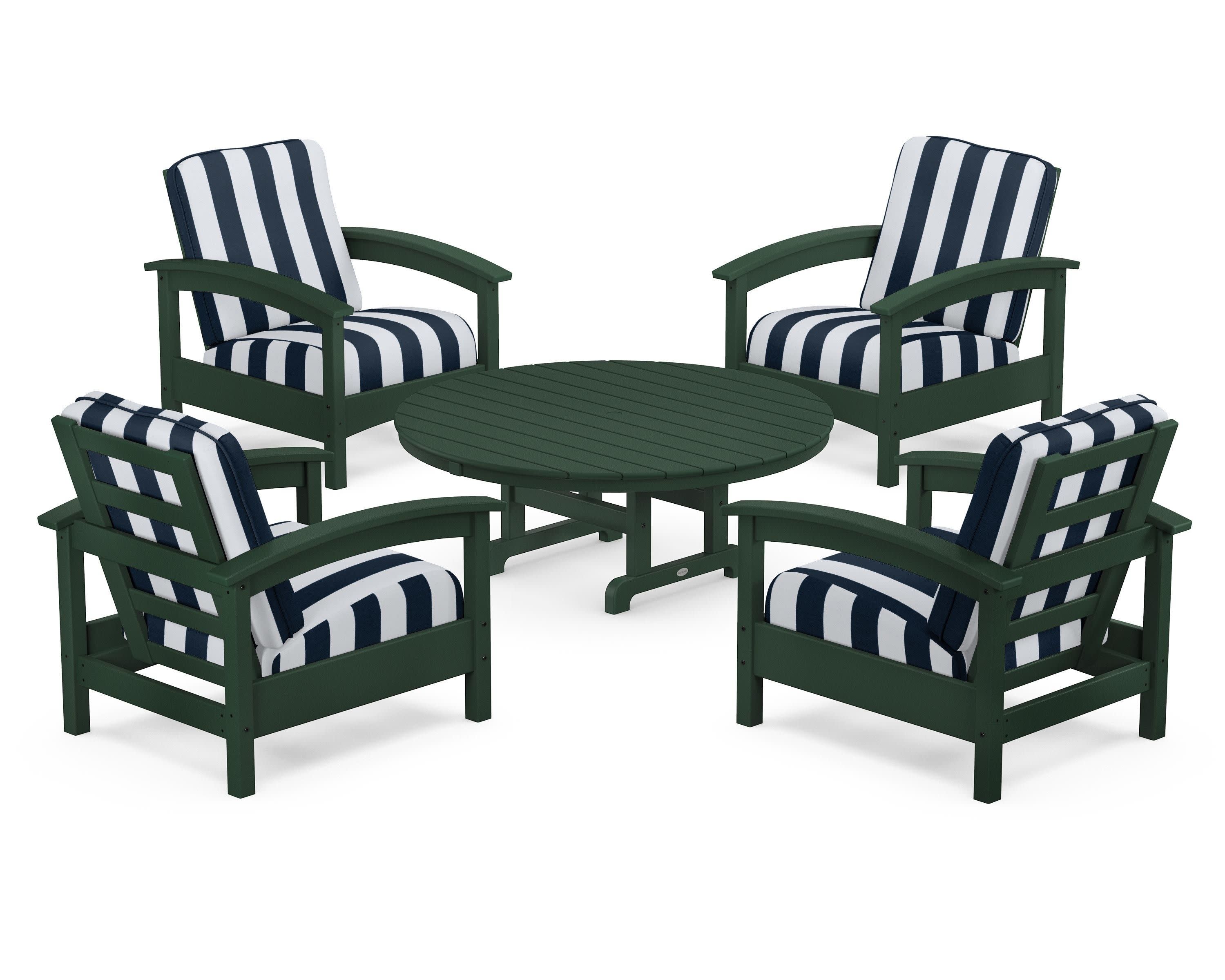 Rockport 5-Piece Deep Seating Set in Rainforest Canopy / Cabana Stripe Marine Indigo