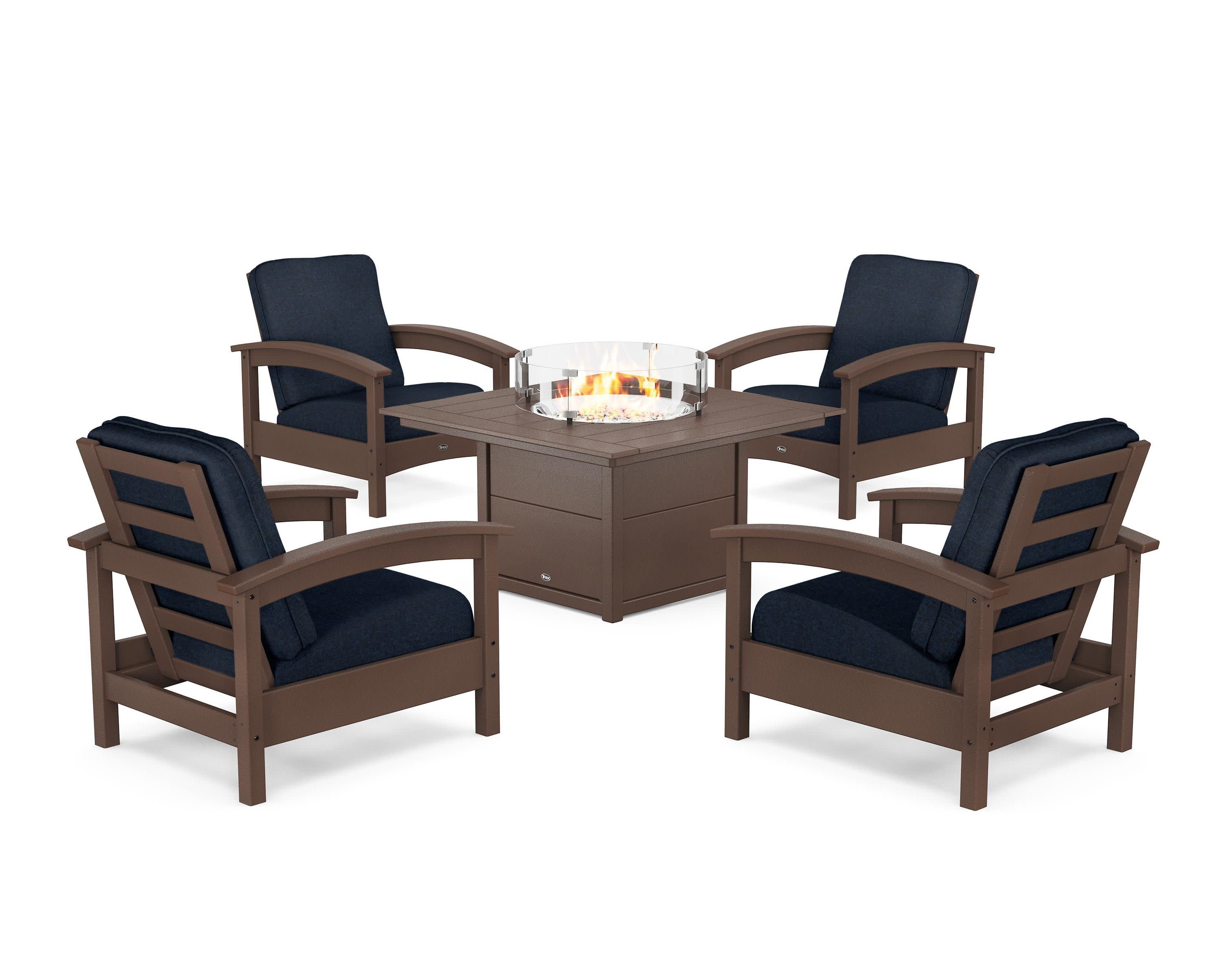 Rockport 5-Piece Deep Seating Set with Square Fire Pit Table in Vintage Lantern / Marine Indigo