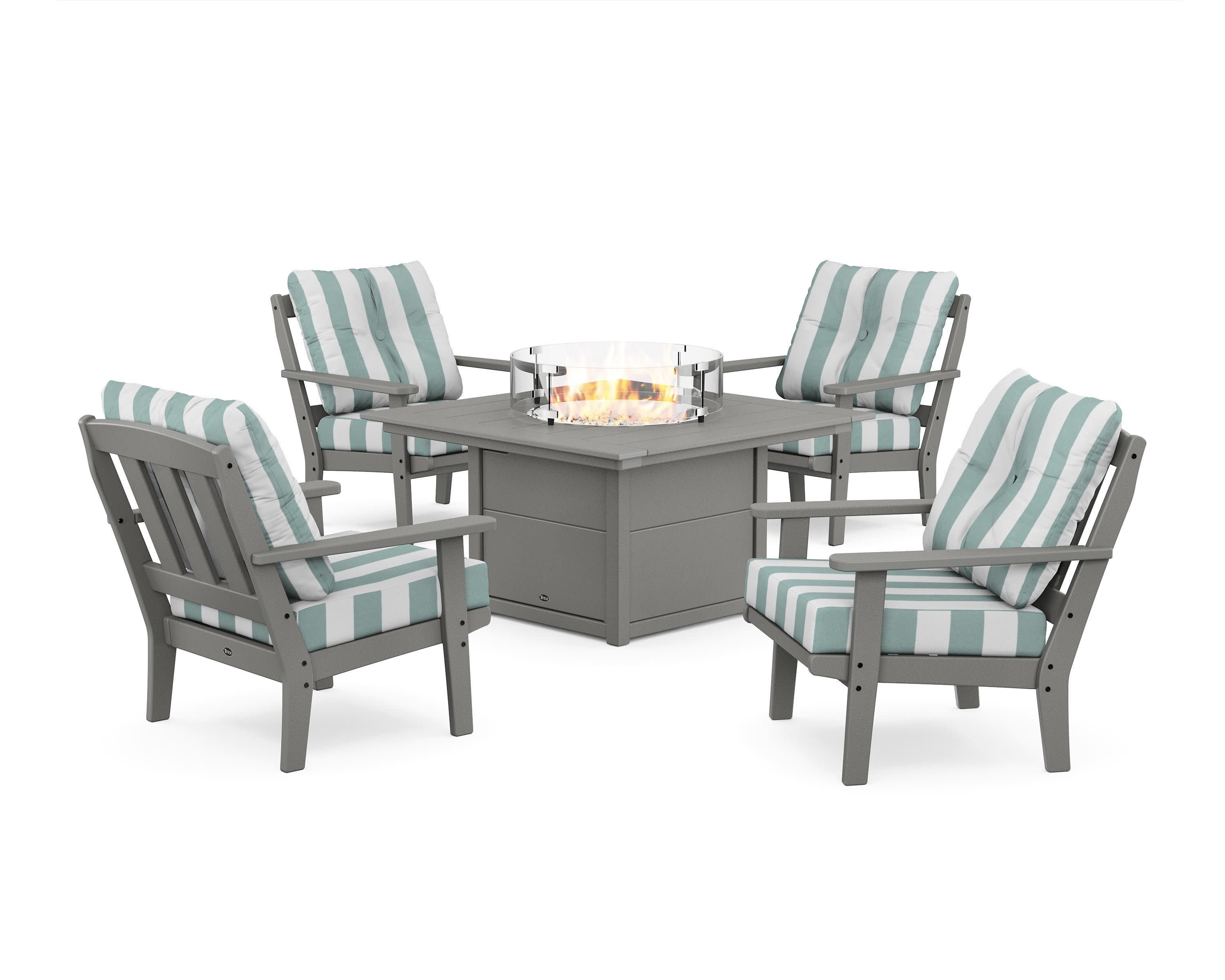 Cape Cod 5-Piece Deep Seating Set with Fire Pit Table in Stepping Stone / Cabana Stripe Glacier Spa