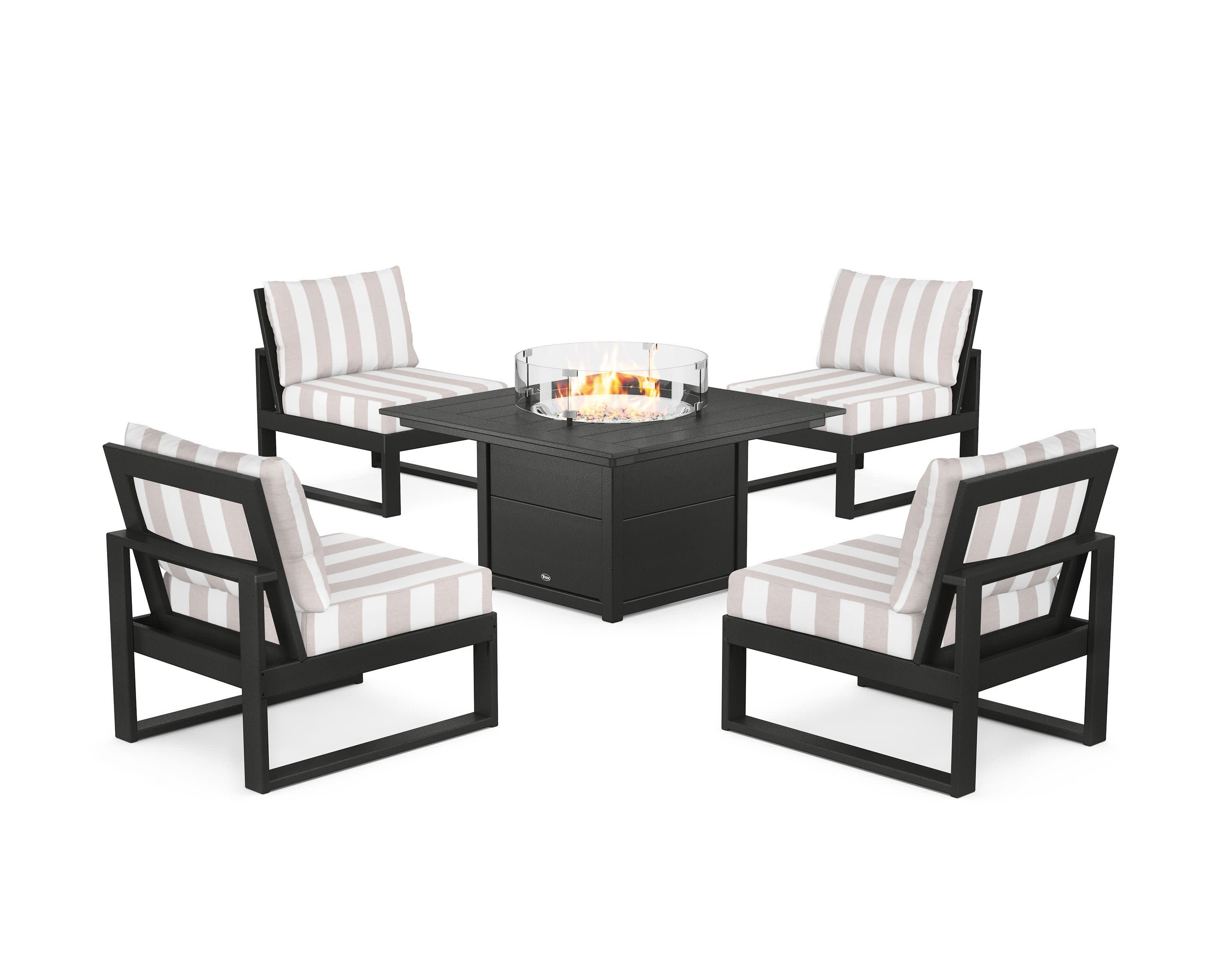 Eastport Modular 5-Piece Deep Seating Set with Square Fire Pit Table in Charcoal Black / Cabana Stripe Dune Burlap