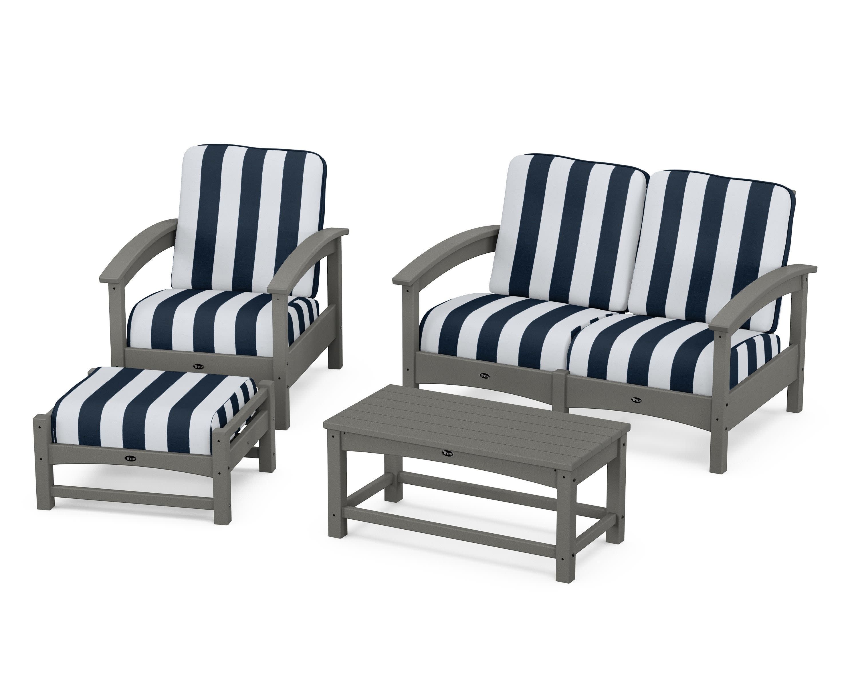 Rockport 4-Piece Deep Seating Conversation Group in Stepping Stone / Cabana Stripe Marine Indigo