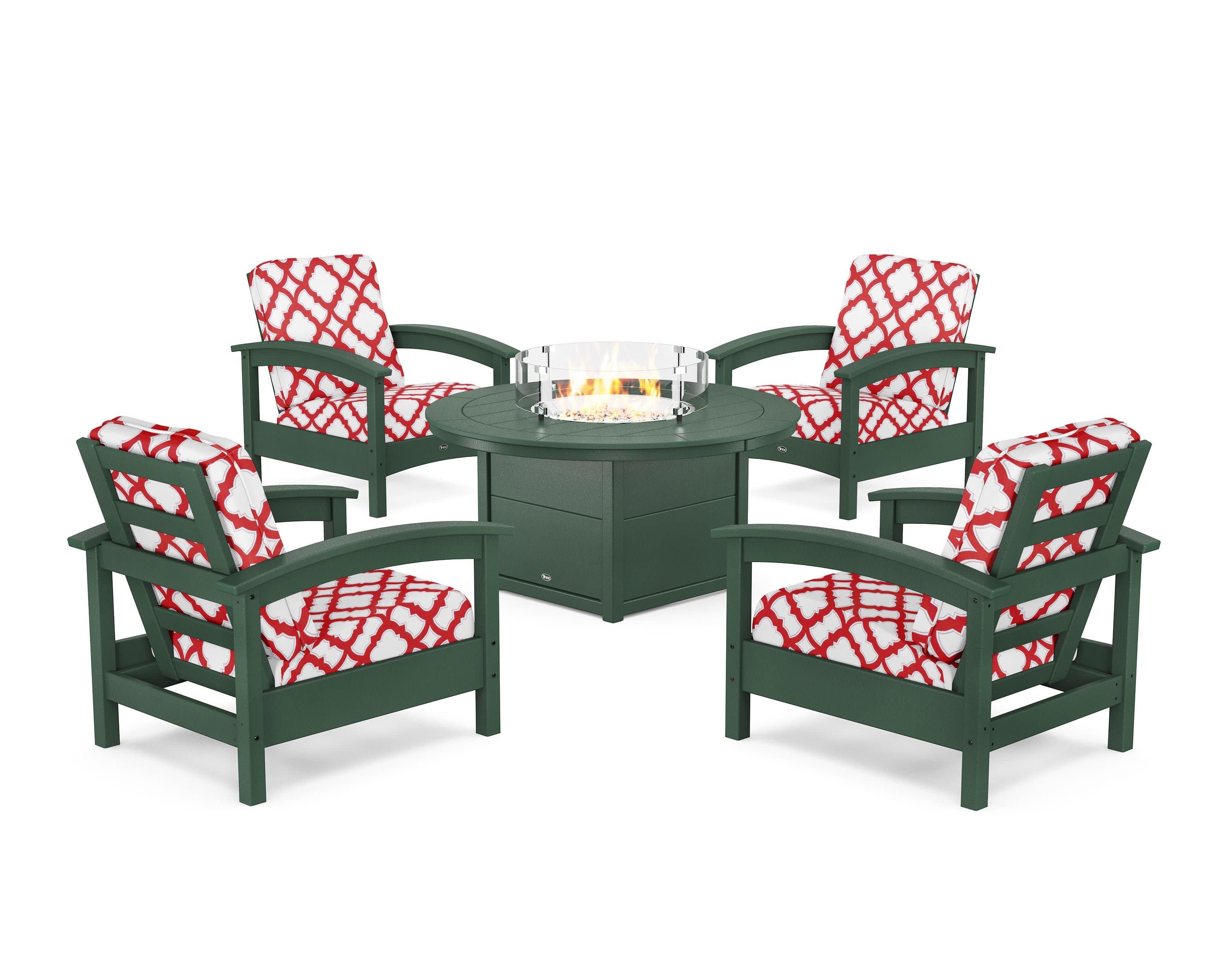 Rockport 5-Piece Deep Seating Set with Round Fire Pit Table in Rainforest Canopy / Trellis Crimson