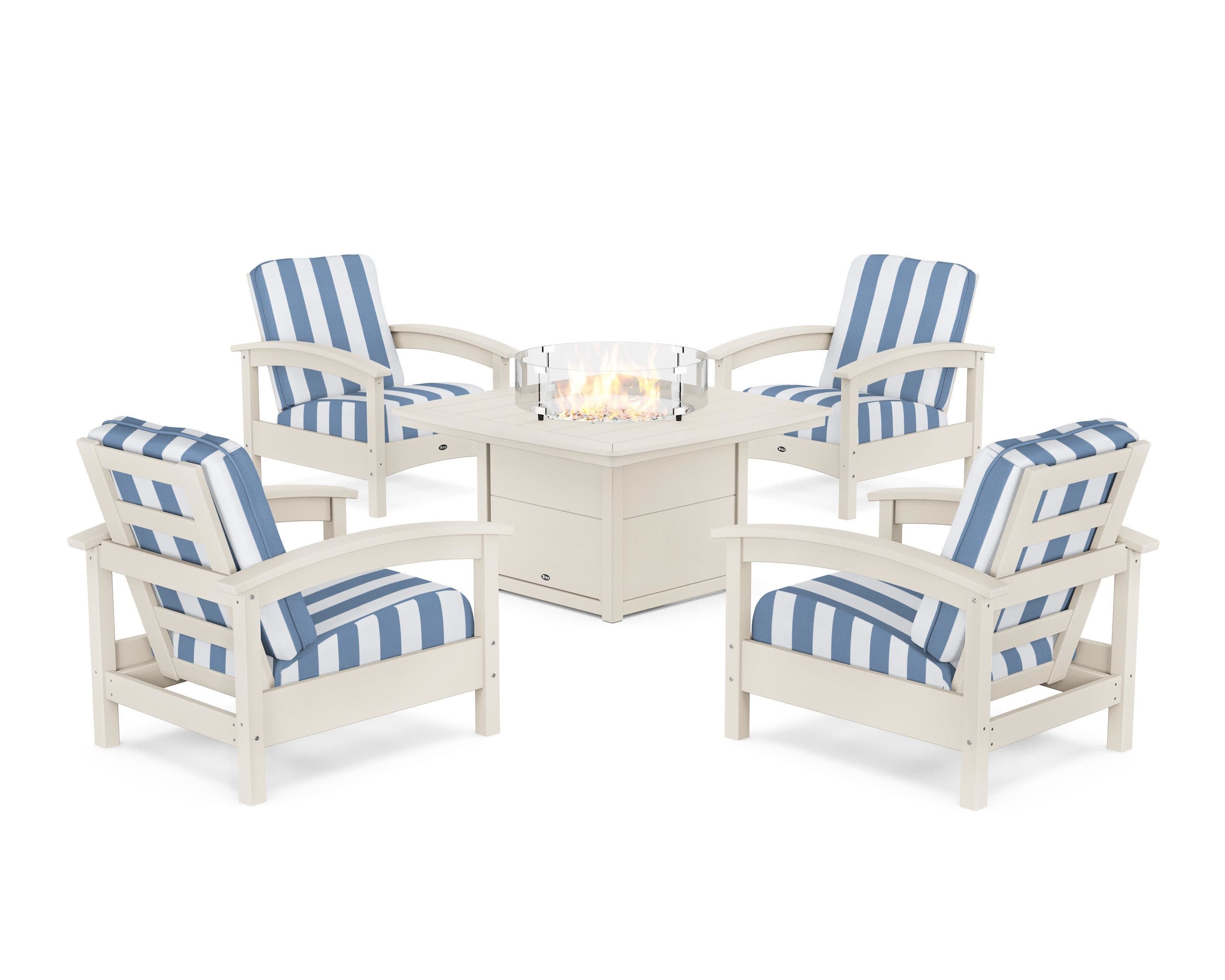 Rockport 5-Piece Deep Seating Set with Yacht Club Fire Pit Table in Sand Castle / Cabana Stripe Sky Blue