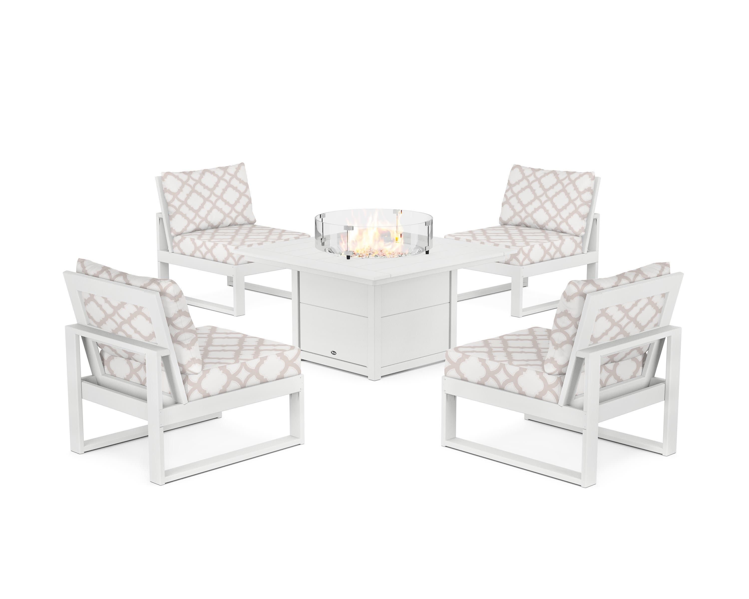 Eastport Modular 5-Piece Deep Seating Set with Square Fire Pit Table in Classic White / Trellis Dune Burlap