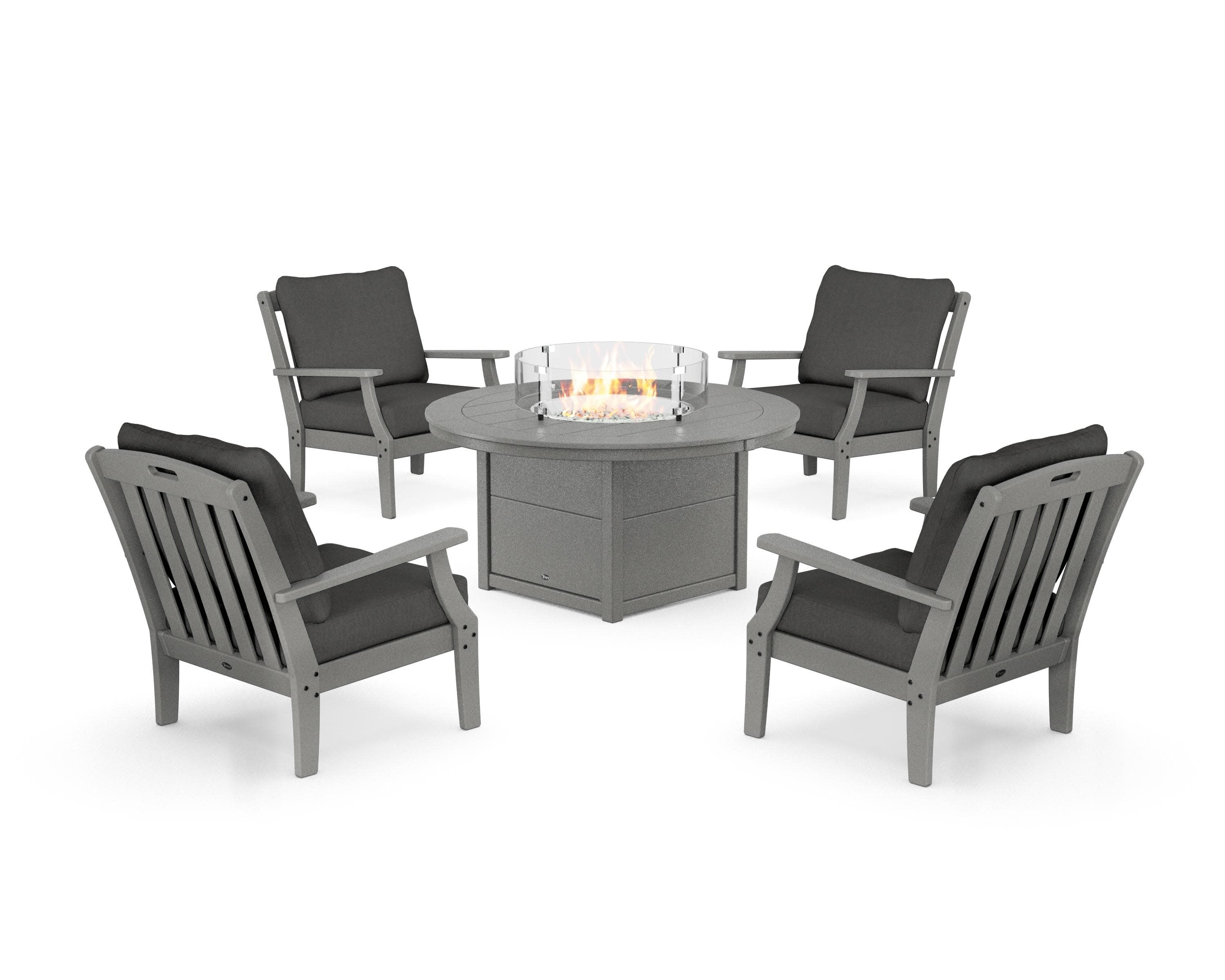 Yacht Club 5-Piece Deep Seating Set with Round Fire Pit Table in Stepping Stone / Spectrum Carbon