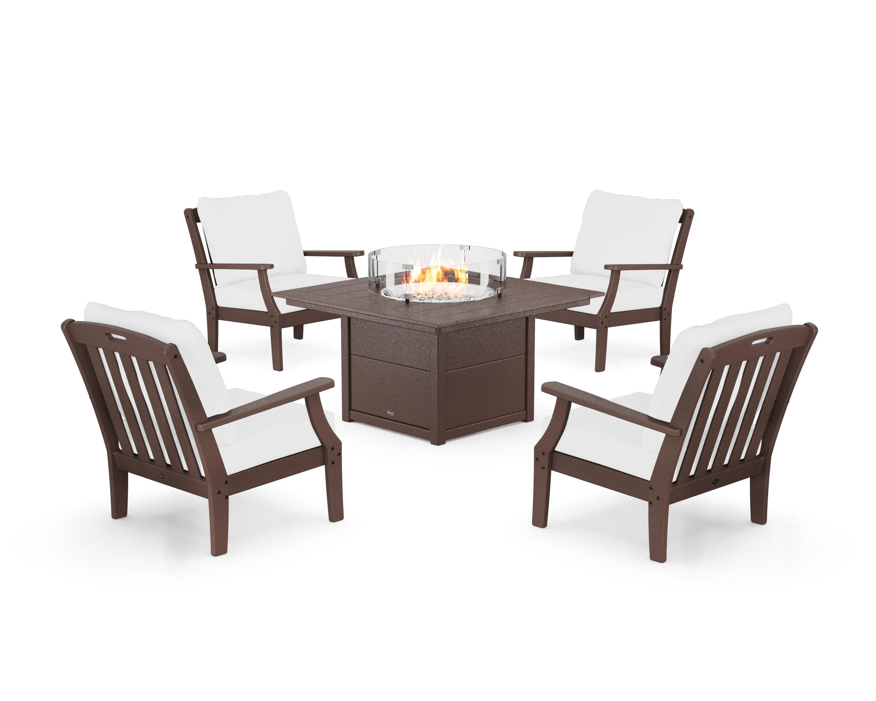 Yacht Club 5-Piece Deep Seating Set with Square Fire Pit Table in Vintage Lantern / Natural