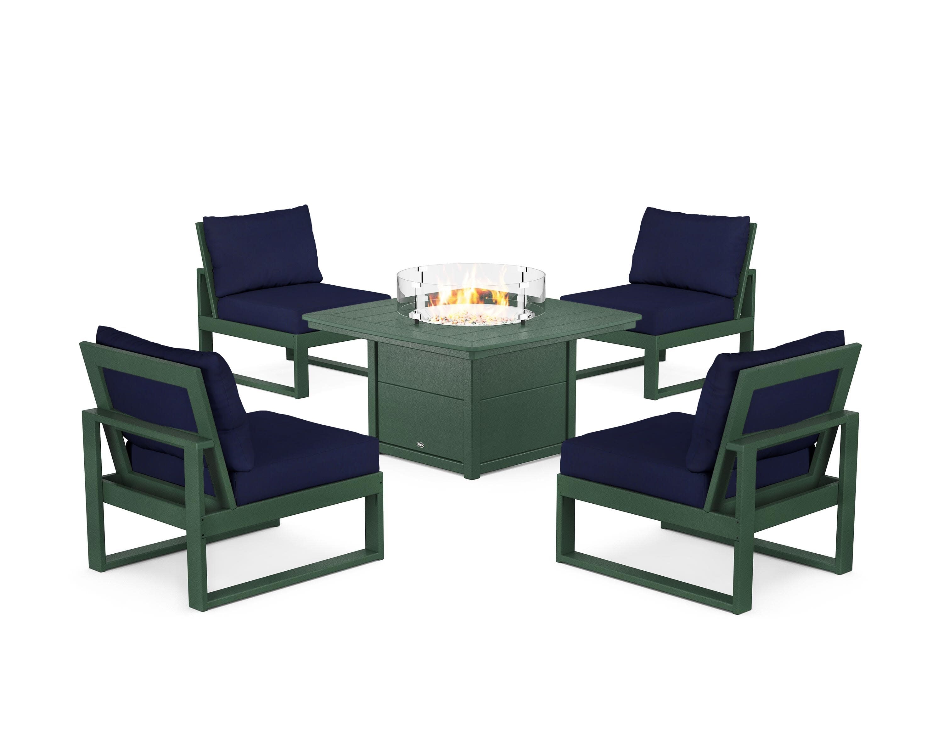 Eastport Modular 5-Piece Deep Seating Set with Yacht Club Fire Pit Table in Rainforest Canopy / Navy