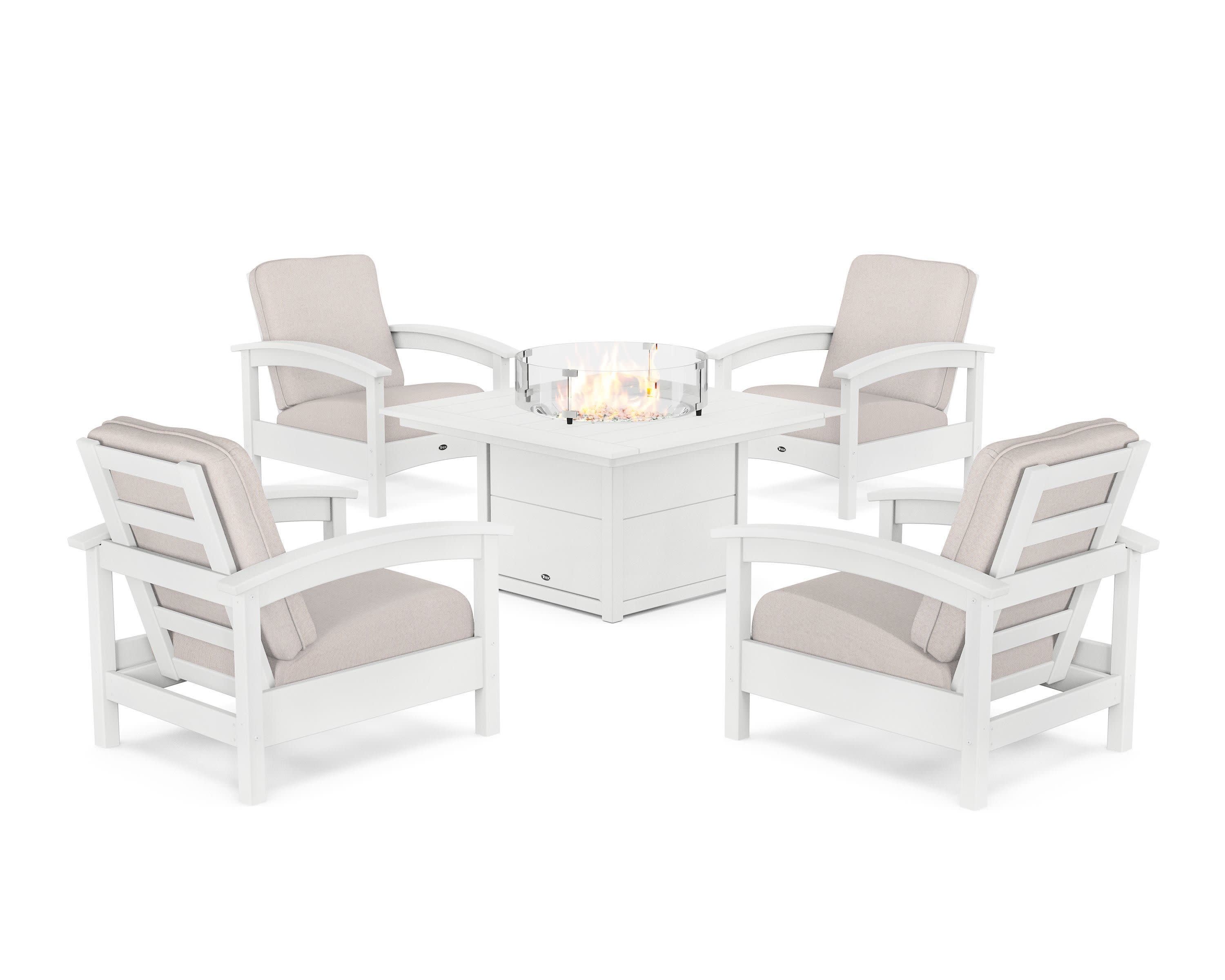 Rockport 5-Piece Deep Seating Set with Square Fire Pit Table in Classic White / Dune Burlap