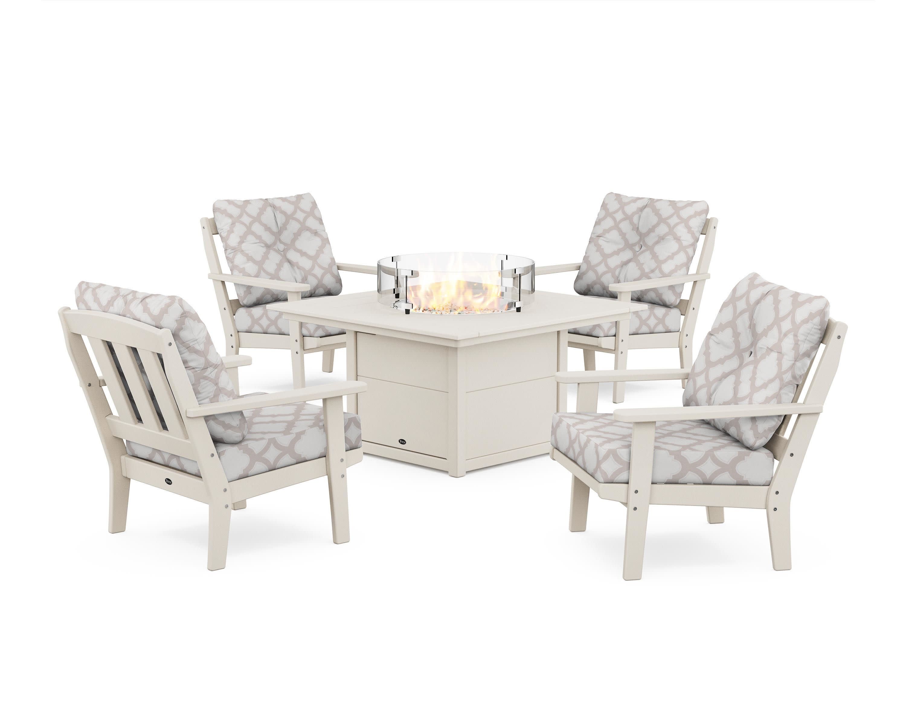 Cape Cod 5-Piece Deep Seating Set with Fire Pit Table in Sand Castle / Trellis Dune Burlap