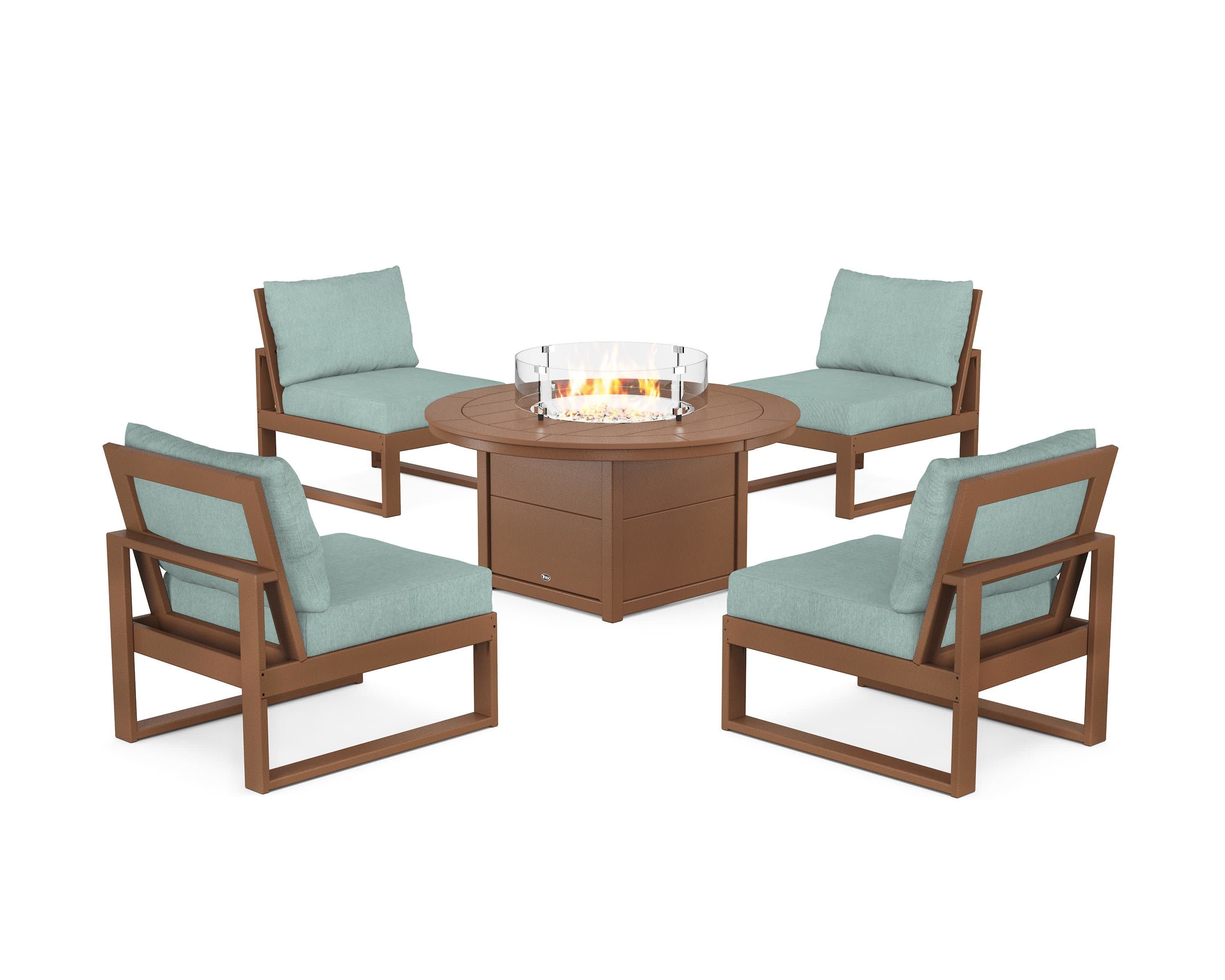 Eastport Modular 5-Piece Deep Seating Set with Round Fire Pit Table in Tree House / Glacier Spa