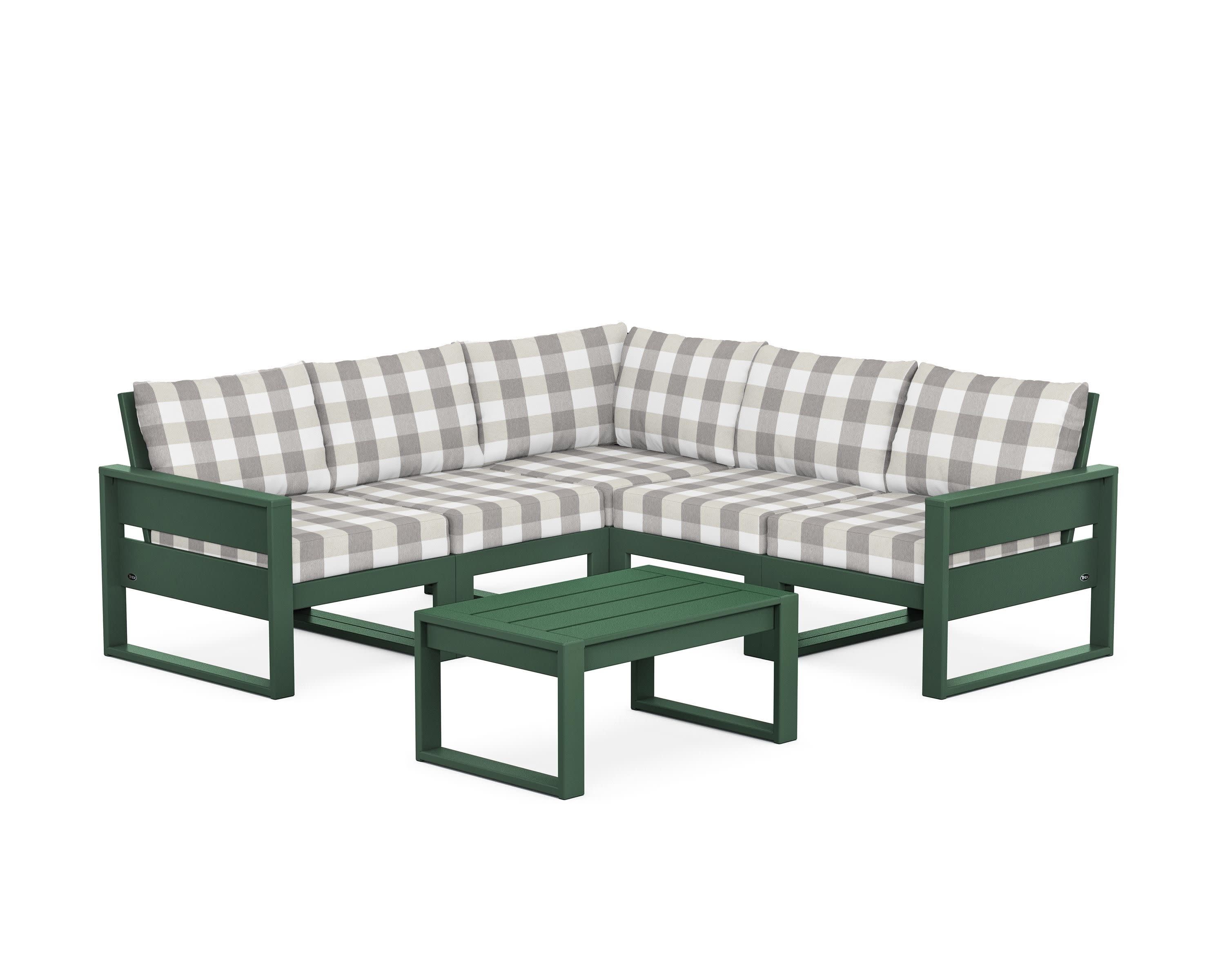 Eastport 6-Piece Deep Seating Sectional + Coffee Table Set in Rainforest Canopy / Buffalo Plaid Grey Mist