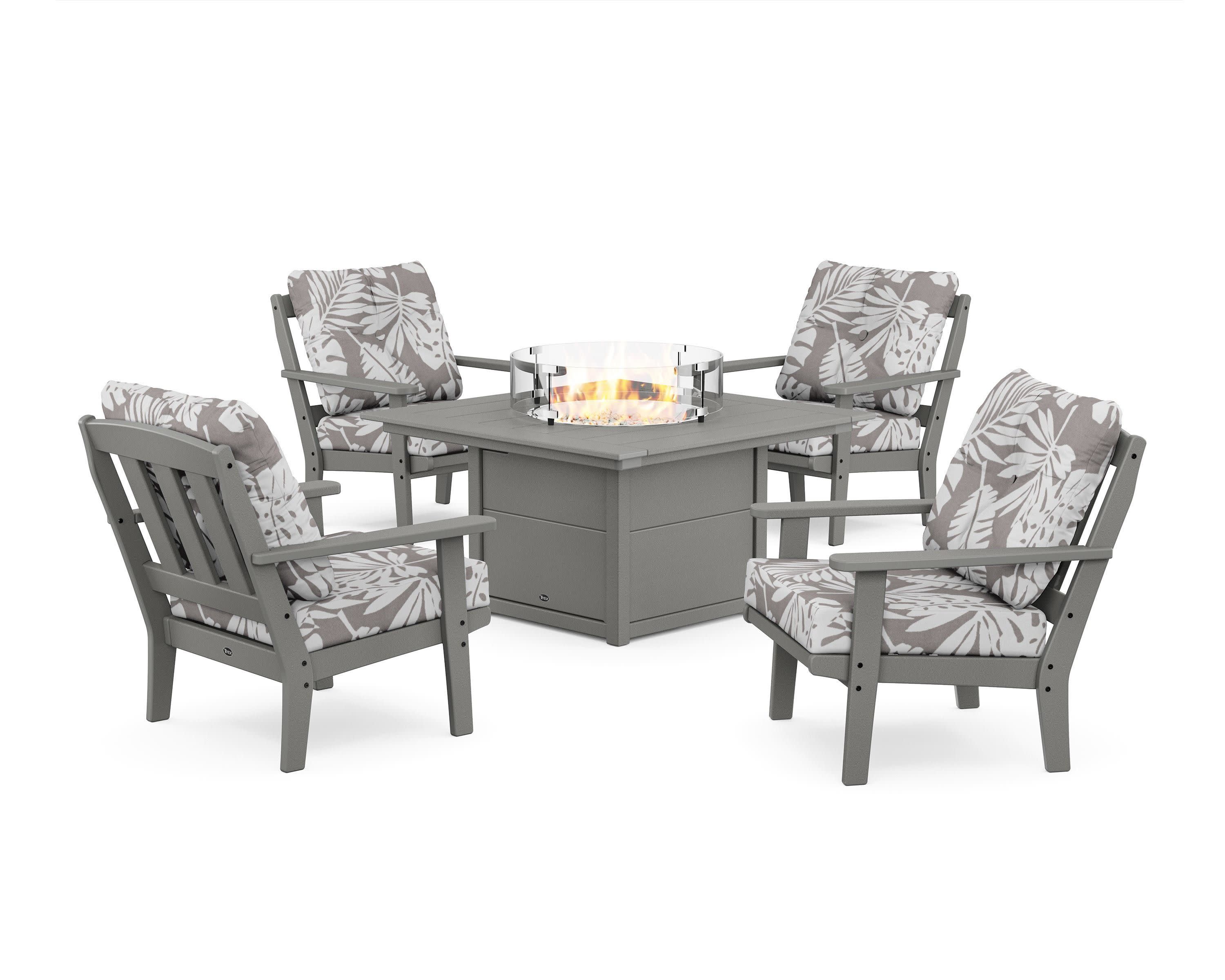 Cape Cod 5-Piece Deep Seating Set with Fire Pit Table in Stepping Stone / Leaf Grey Mist