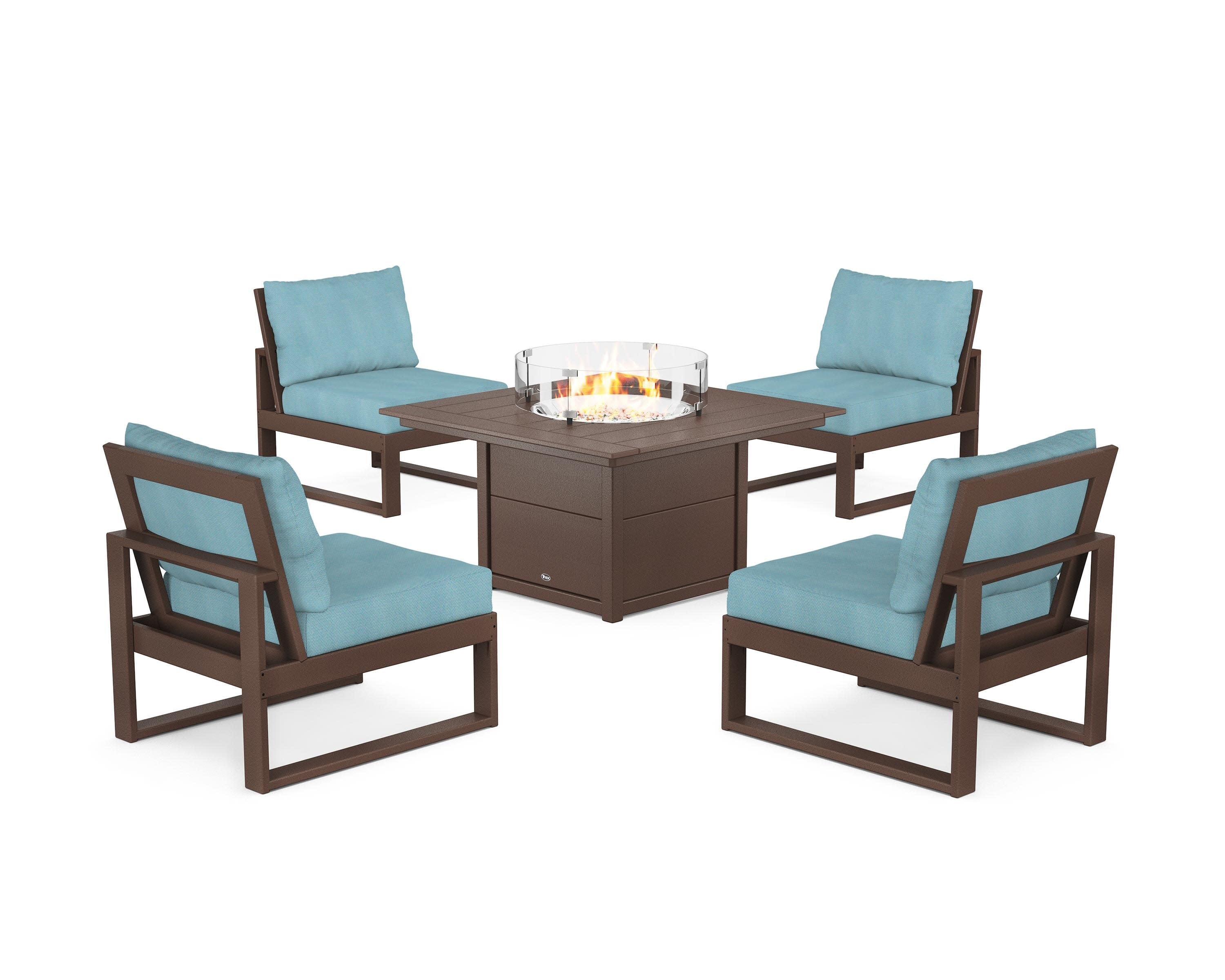 Eastport Modular 5-Piece Deep Seating Set with Square Fire Pit Table in Vintage Lantern / Lattice Sky Blue