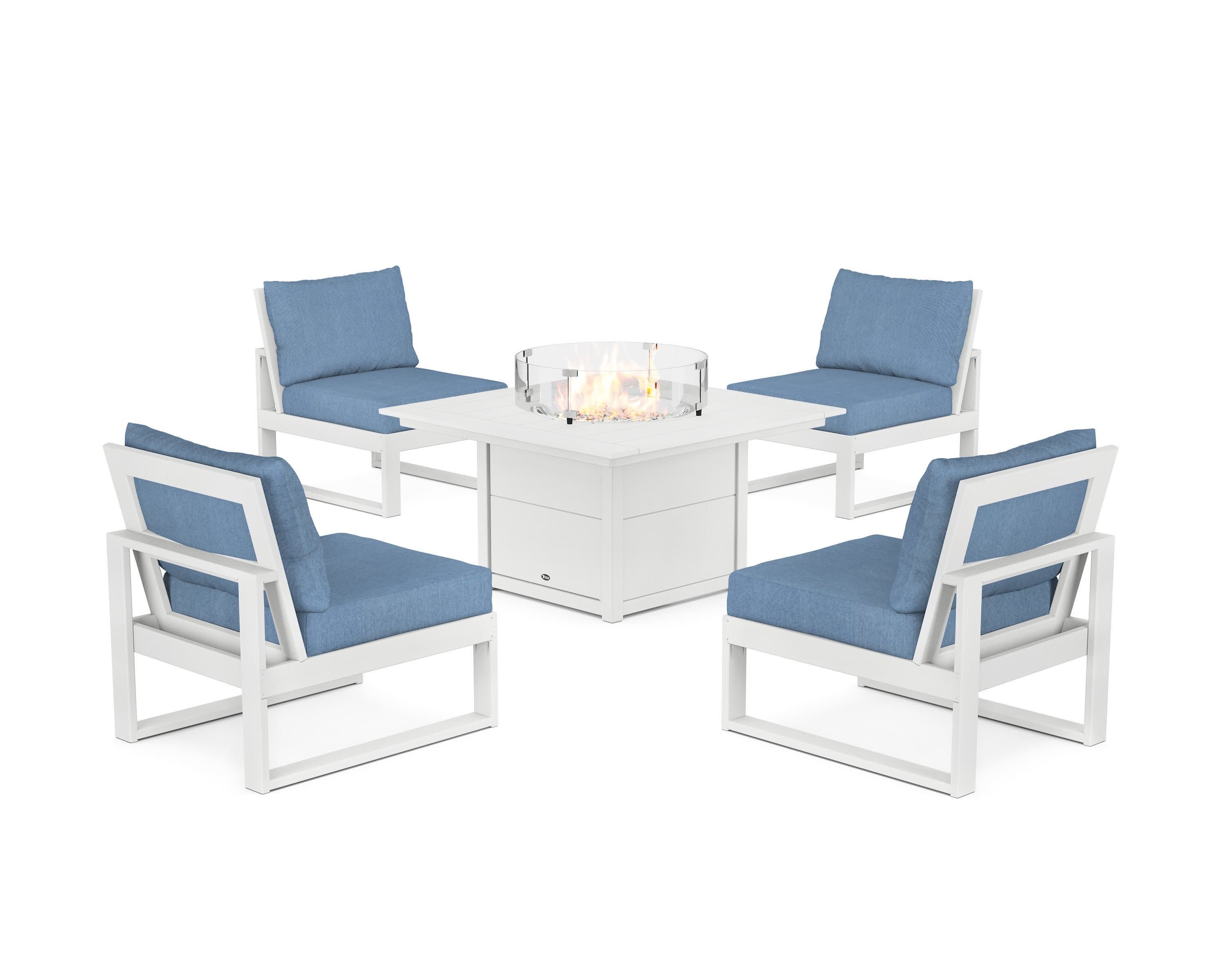 Eastport Modular 5-Piece Deep Seating Set with Square Fire Pit Table in Classic White / Sky Blue