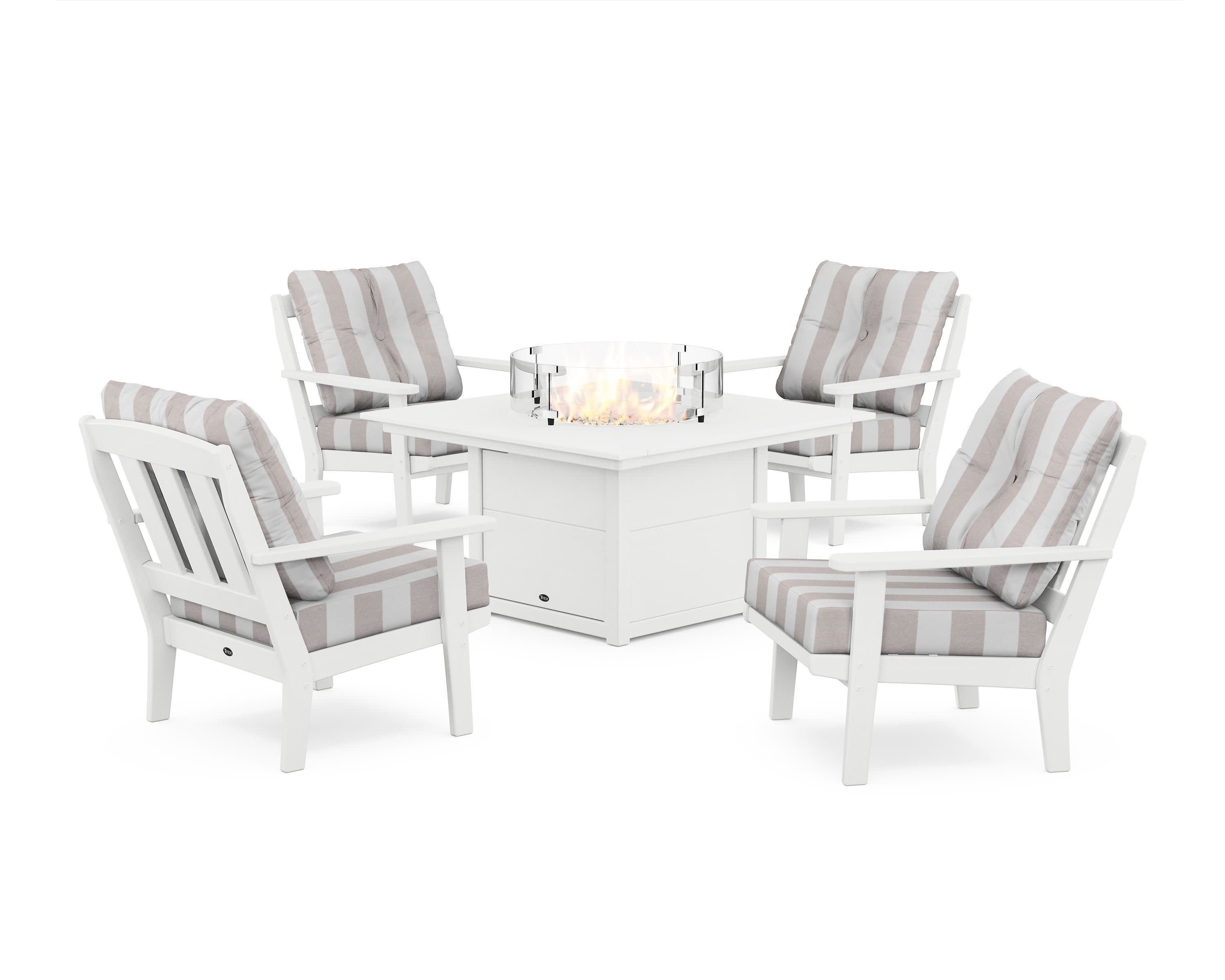 Cape Cod 5-Piece Deep Seating Set with Fire Pit Table in Classic White / Cabana Stripe Dune Burlap