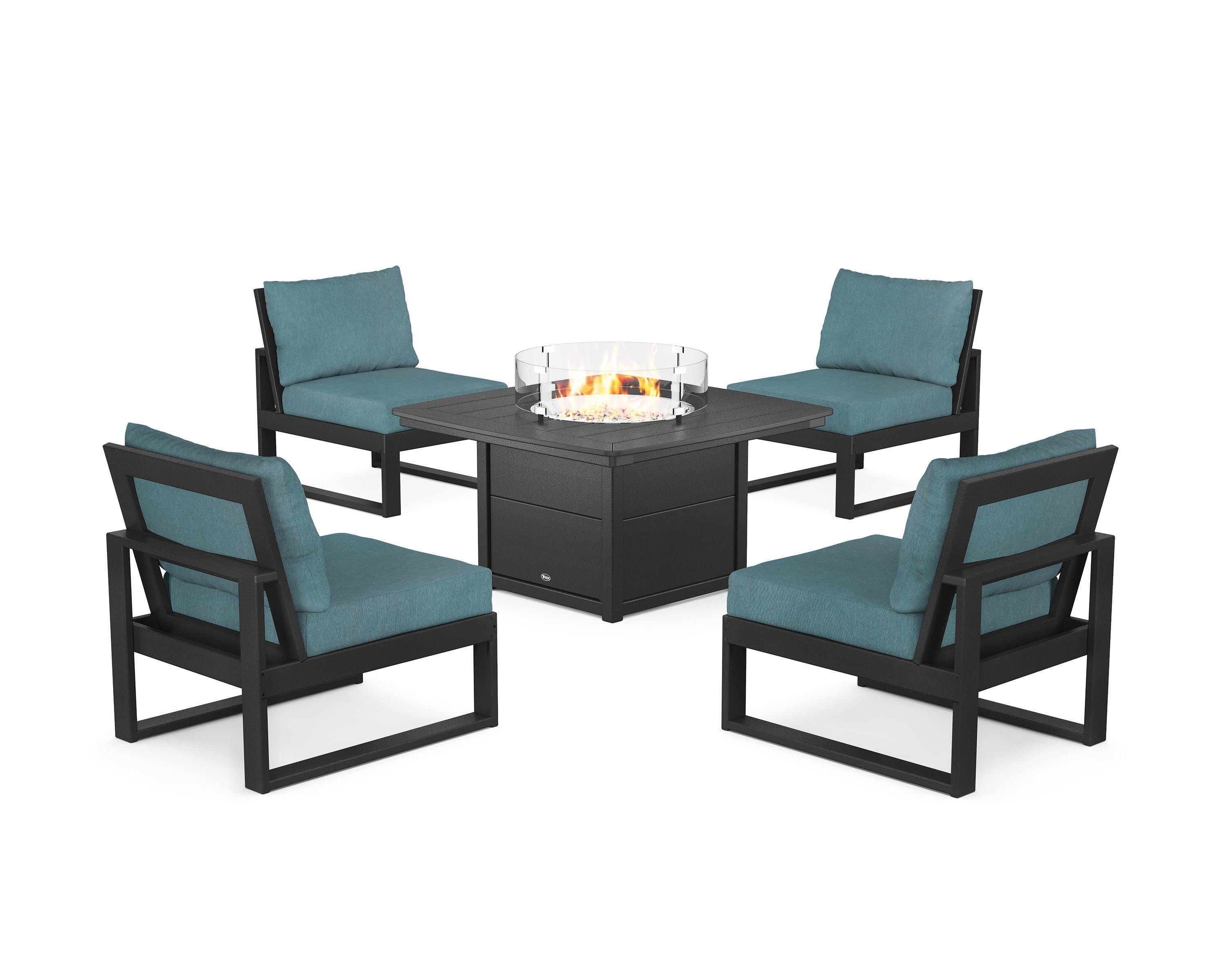 Eastport Modular 5-Piece Deep Seating Set with Yacht Club Fire Pit Table in Charcoal Black / Ocean Teal