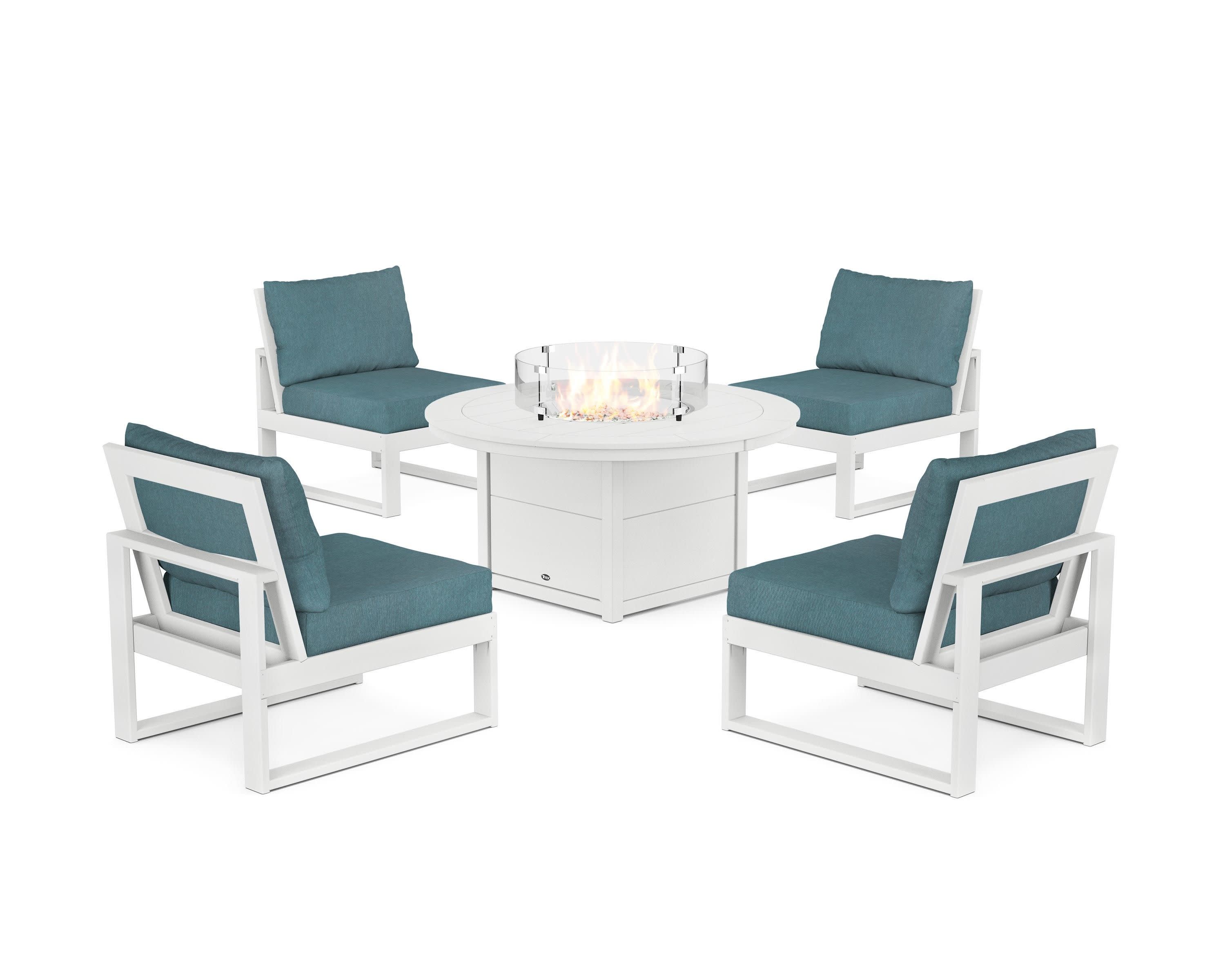 Eastport Modular 5-Piece Deep Seating Set with Round Fire Pit Table in Classic White / Ocean Teal