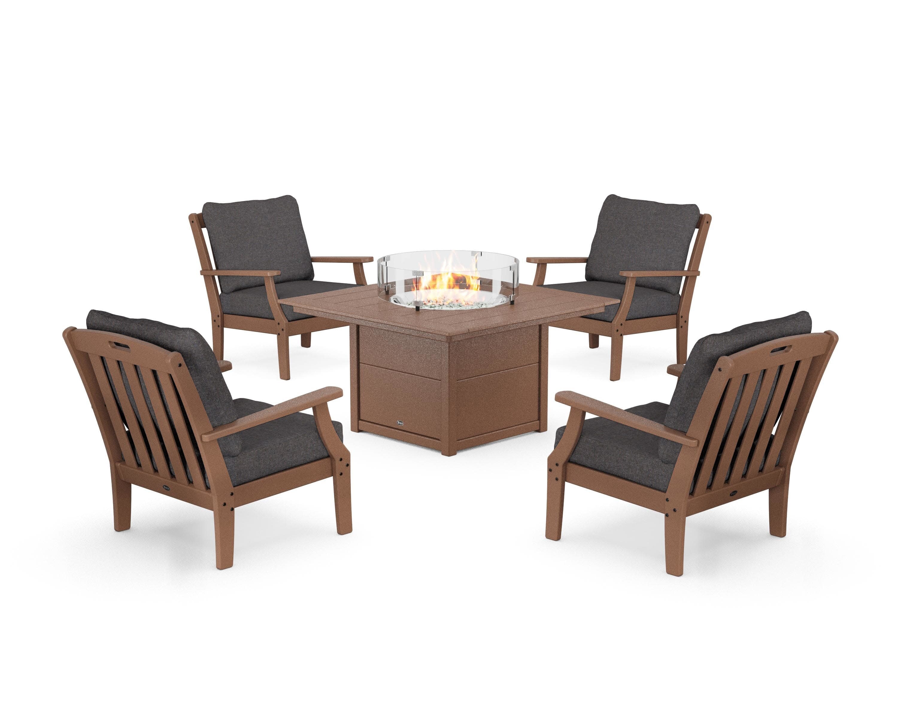 Yacht Club 5-Piece Deep Seating Set with Square Fire Pit Table in Tree House / Ash Charcoal