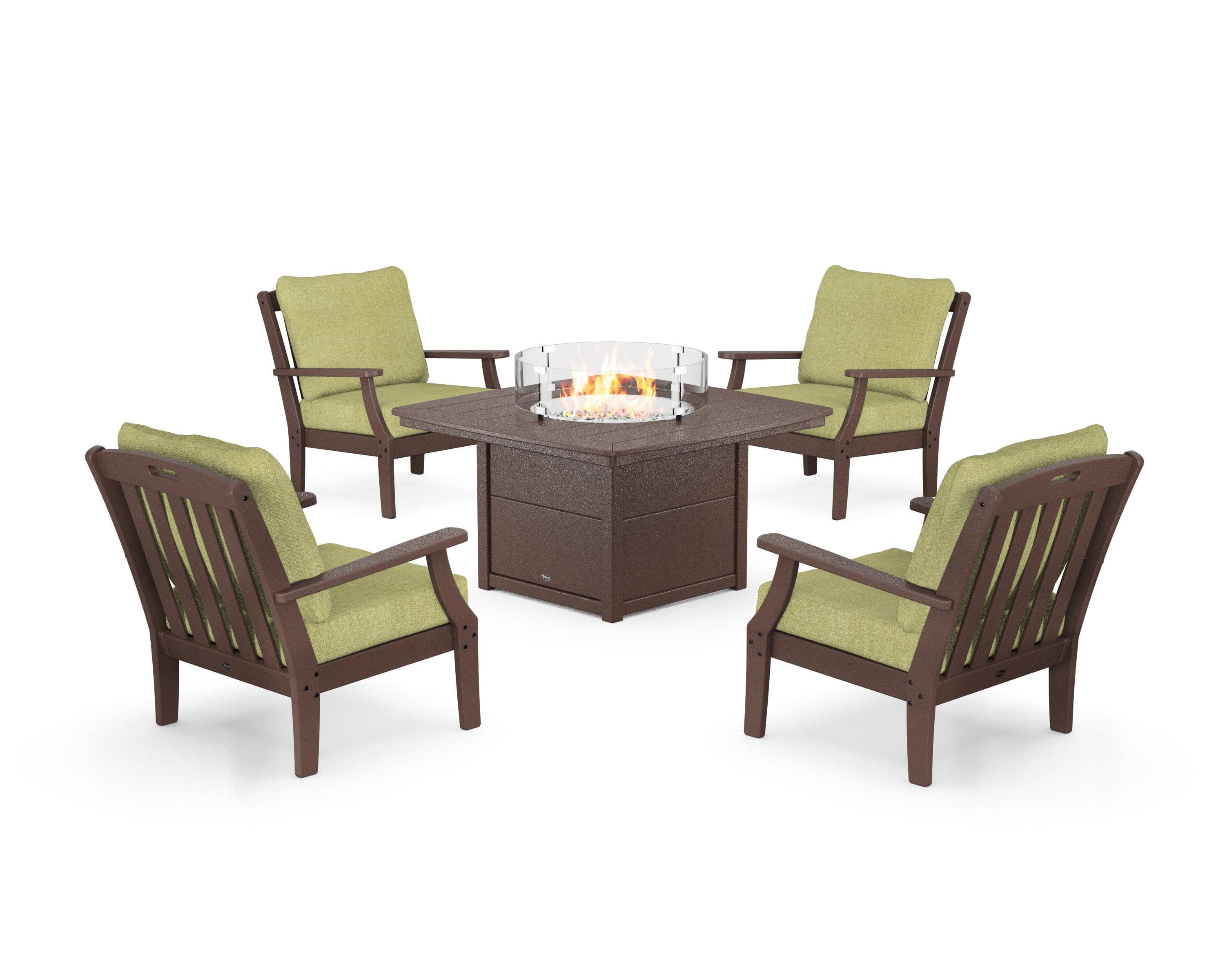 Yacht Club 5-Piece Deep Seating Set with Fire Pit Table in Vintage Lantern / Chartreuse Boucle