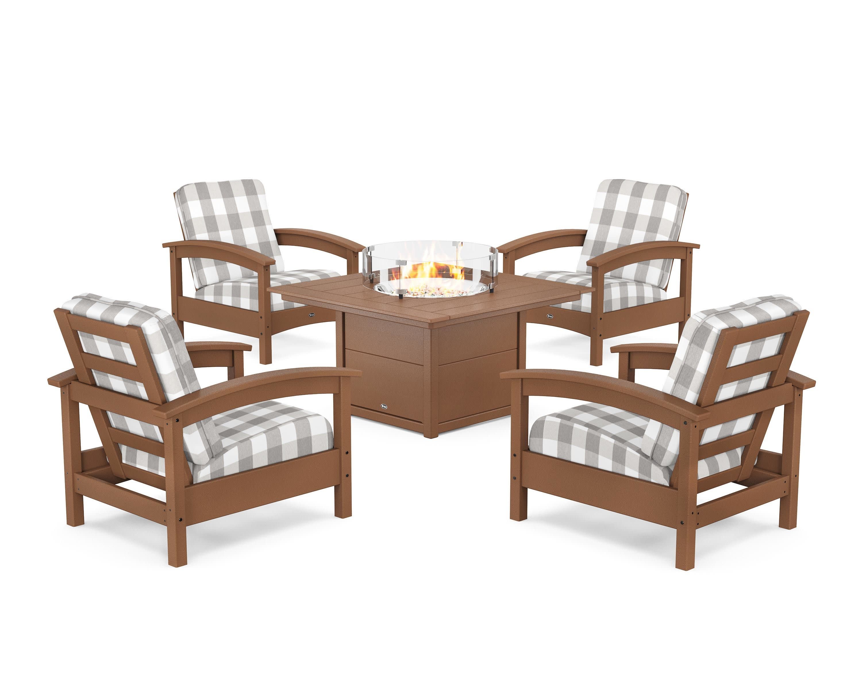 Rockport 5-Piece Deep Seating Set with Square Fire Pit Table in Tree House / Buffalo Plaid Grey Mist