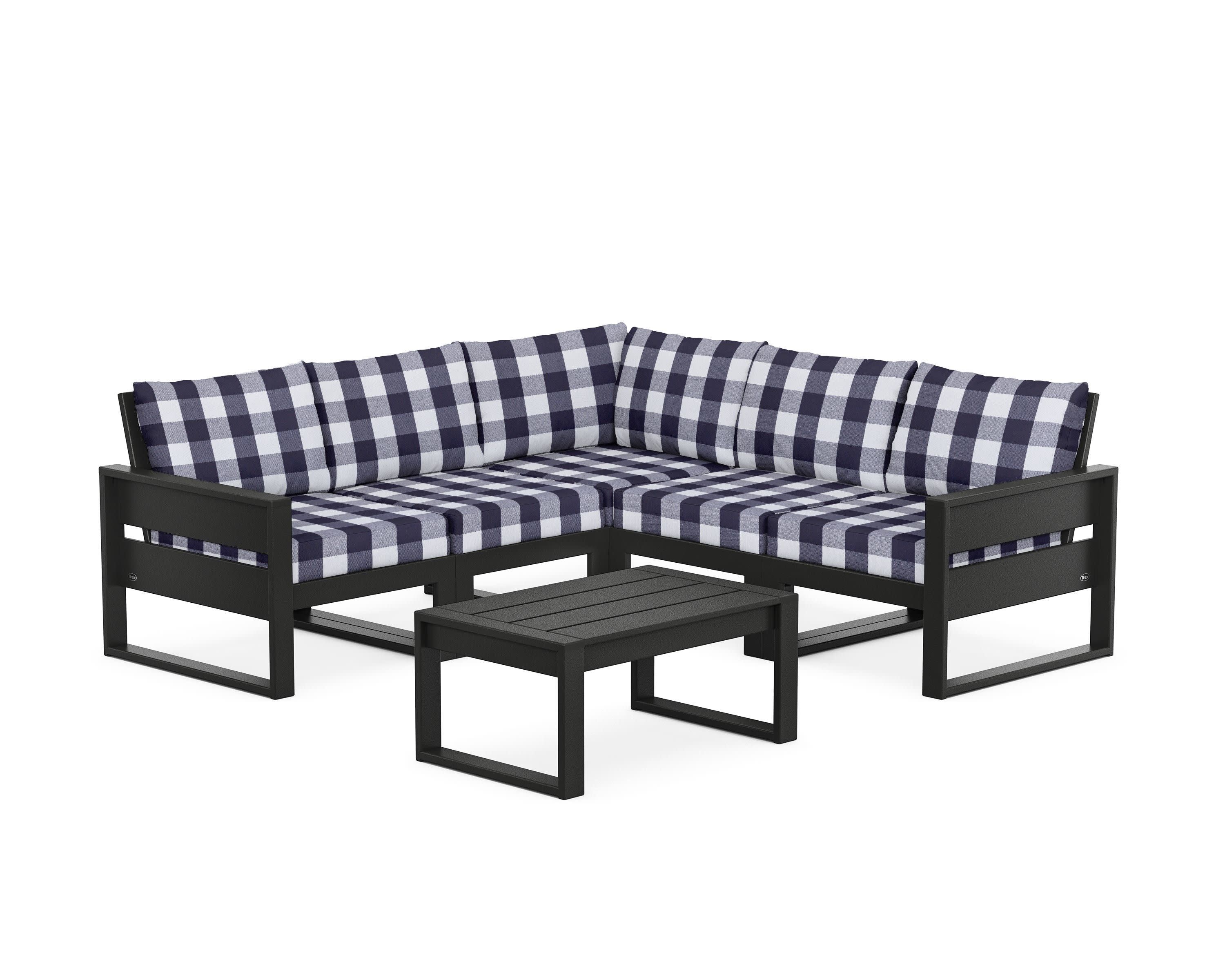 Eastport 6-Piece Deep Seating Sectional + Coffee Table Set in Charcoal Black / Buffalo Plaid Navy