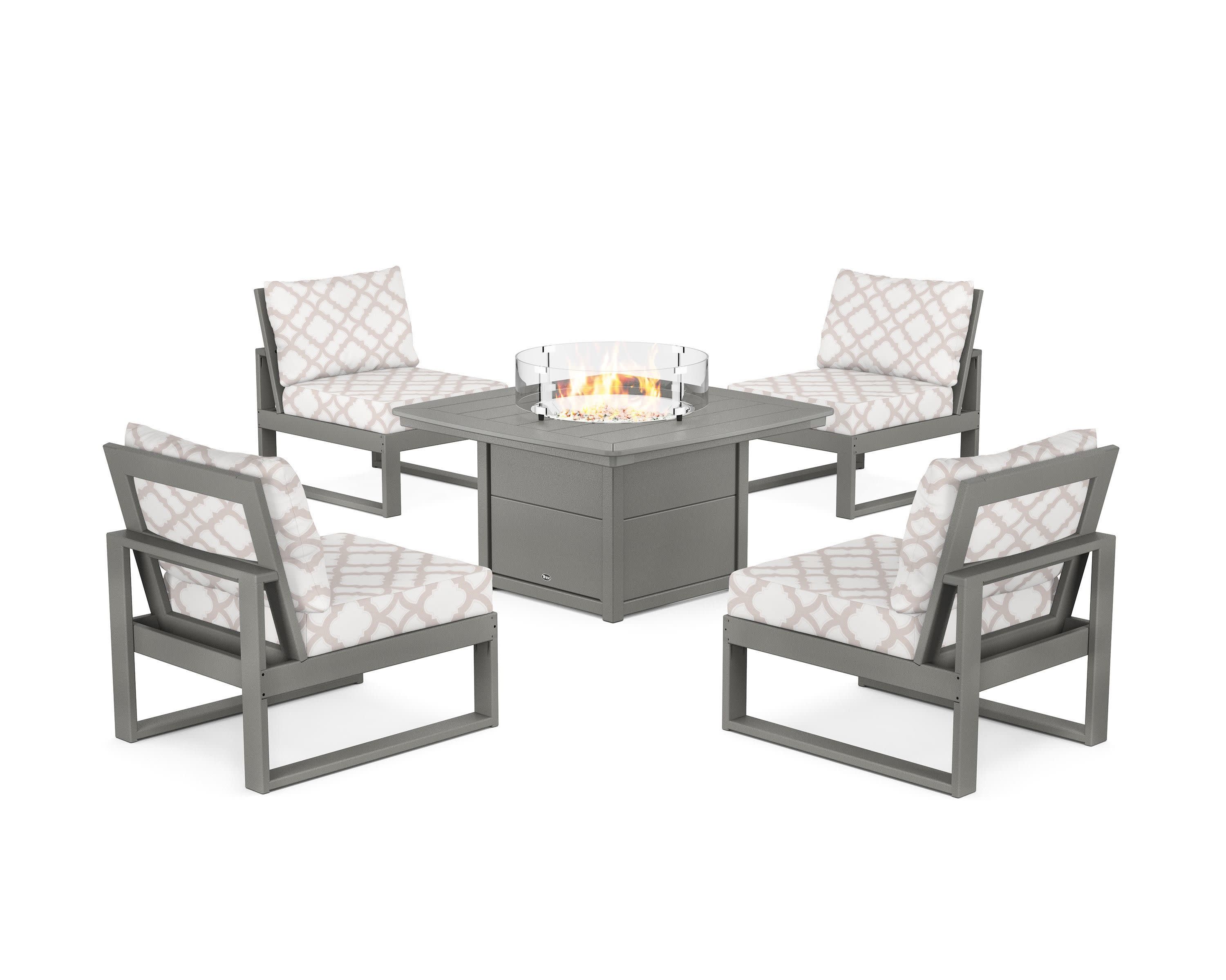 Eastport Modular 5-Piece Deep Seating Set with Yacht Club Fire Pit Table in Stepping Stone / Trellis Dune Burlap