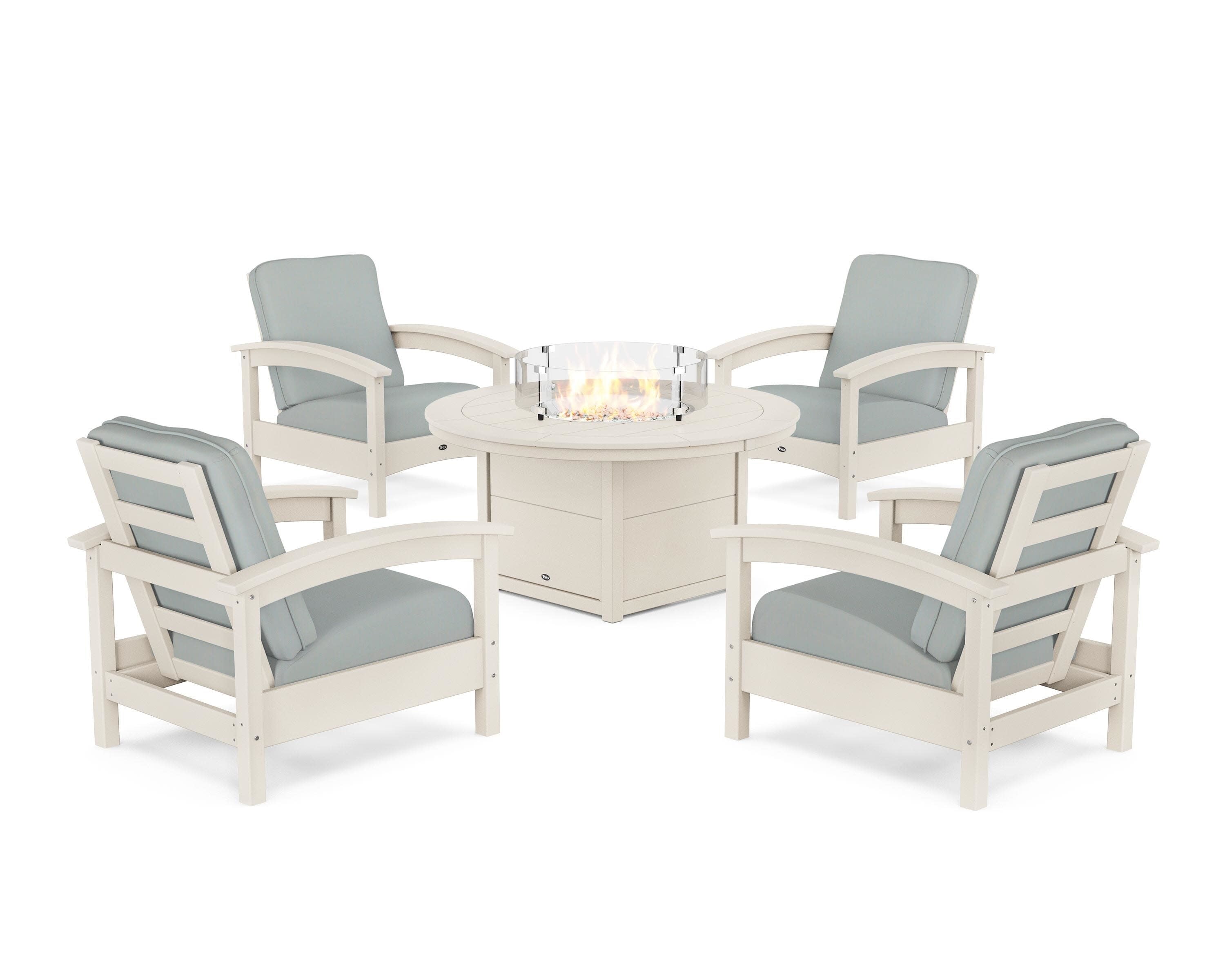 Rockport 5-Piece Deep Seating Set with Round Fire Pit Table in Sand Castle / Spa