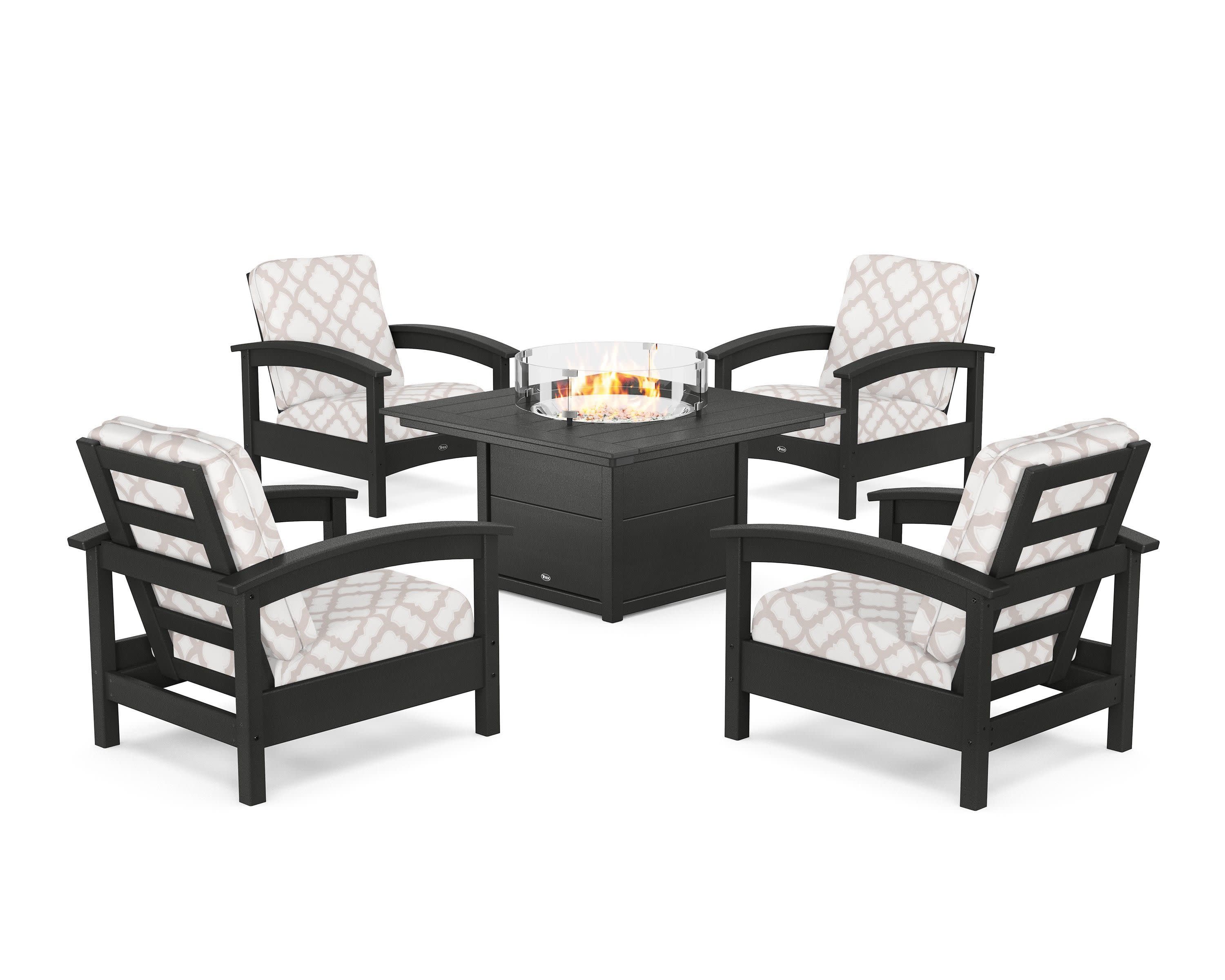 Rockport 5-Piece Deep Seating Set with Square Fire Pit Table in Charcoal Black / Trellis Dune Burlap
