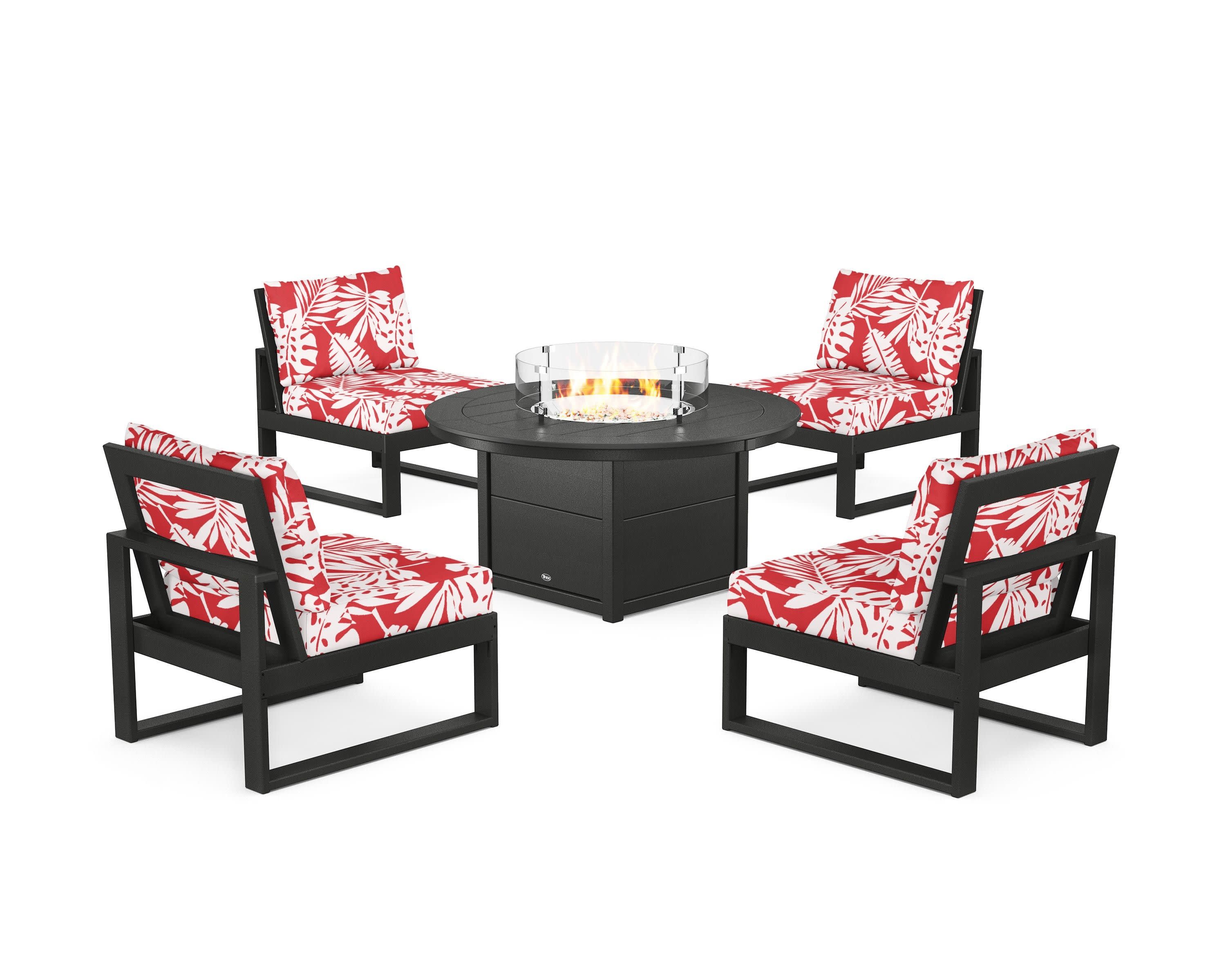 Eastport Modular 5-Piece Deep Seating Set with Round Fire Pit Table in Charcoal Black / Leaf Crimson