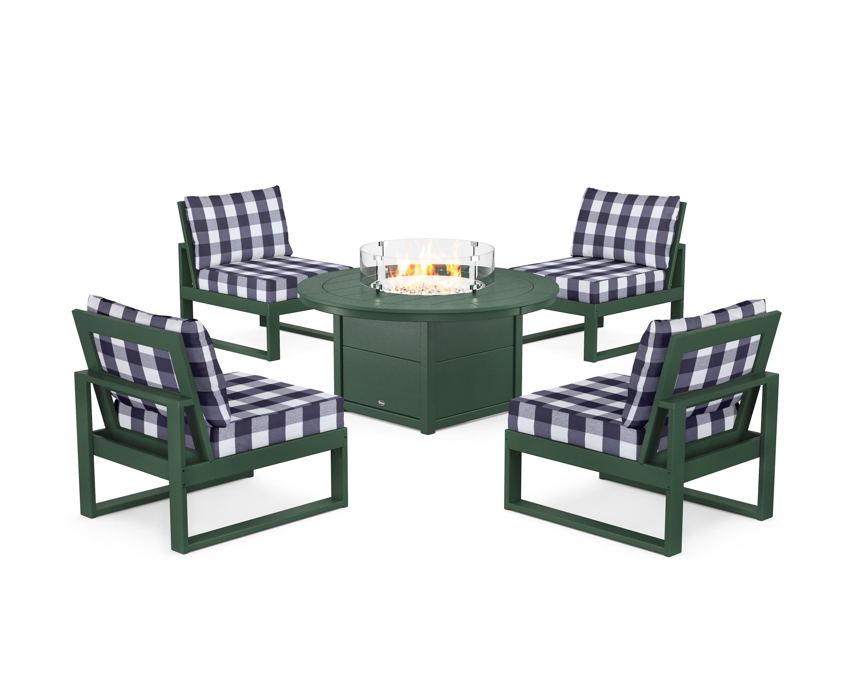Eastport Modular 5-Piece Deep Seating Set with Round Fire Pit Table in Rainforest Canopy / Buffalo Plaid Navy