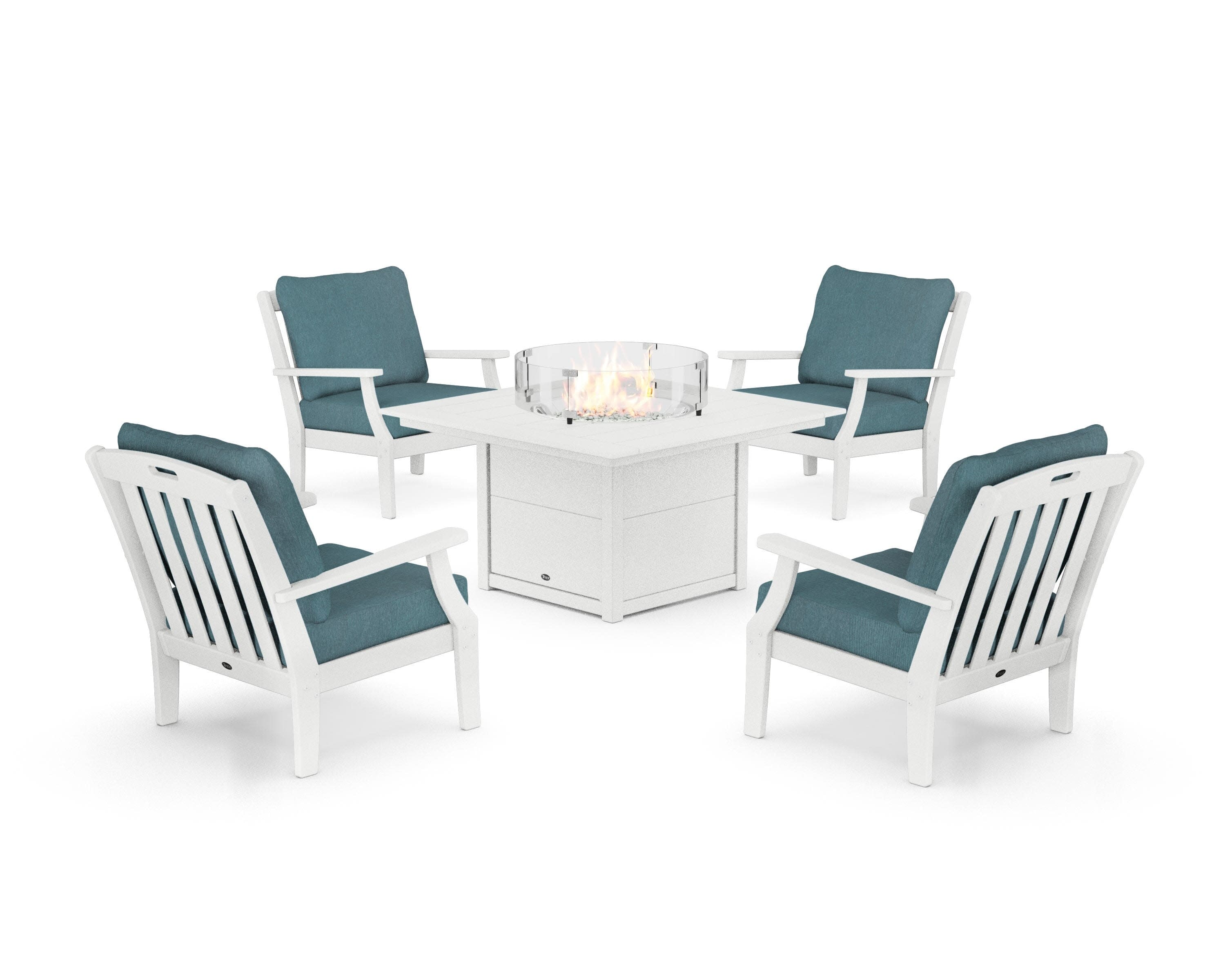 Yacht Club 5-Piece Deep Seating Set with Square Fire Pit Table in Classic White / Ocean Teal