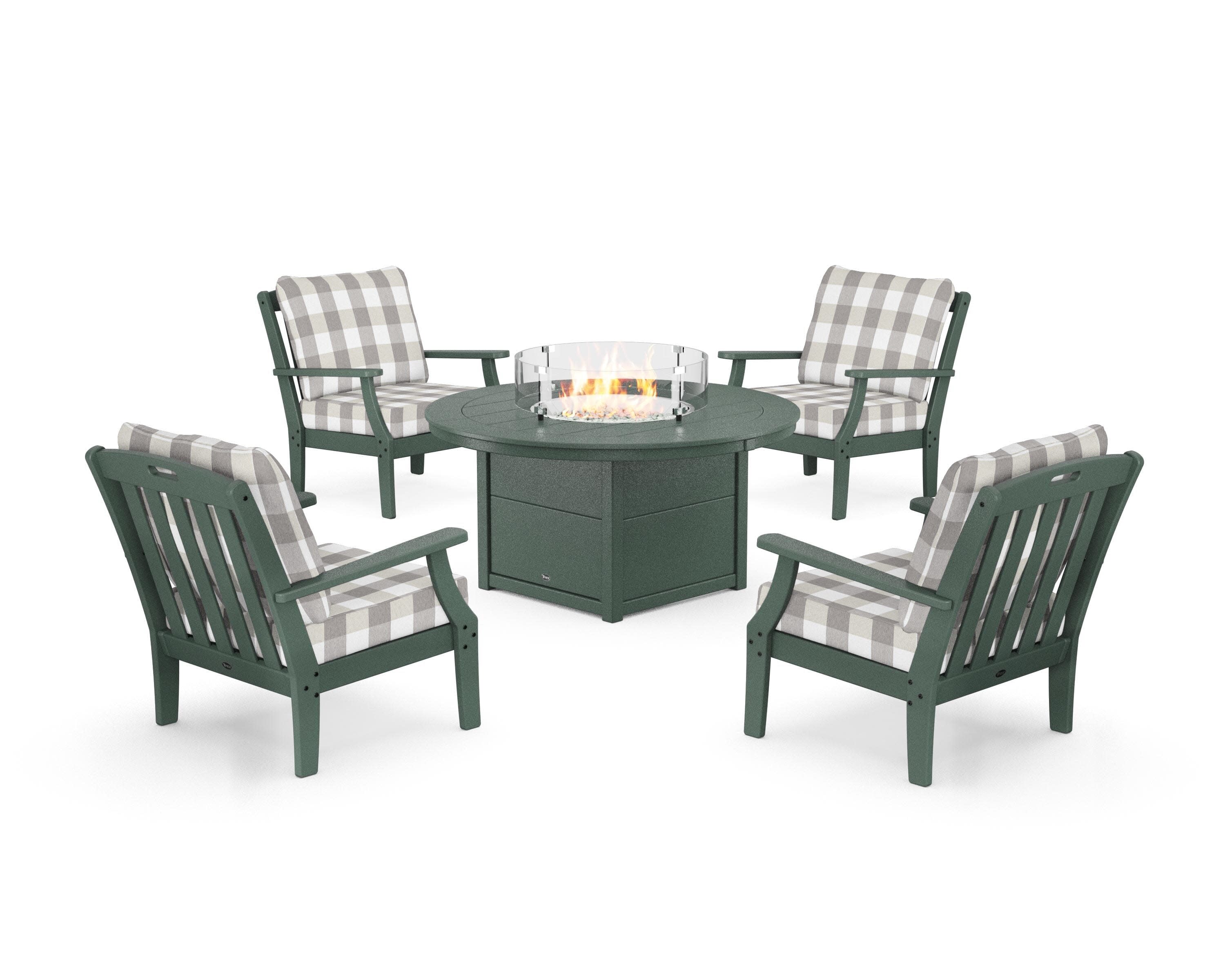 Yacht Club 5-Piece Deep Seating Set with Round Fire Pit Table in Rainforest Canopy / Buffalo Plaid Grey Mist