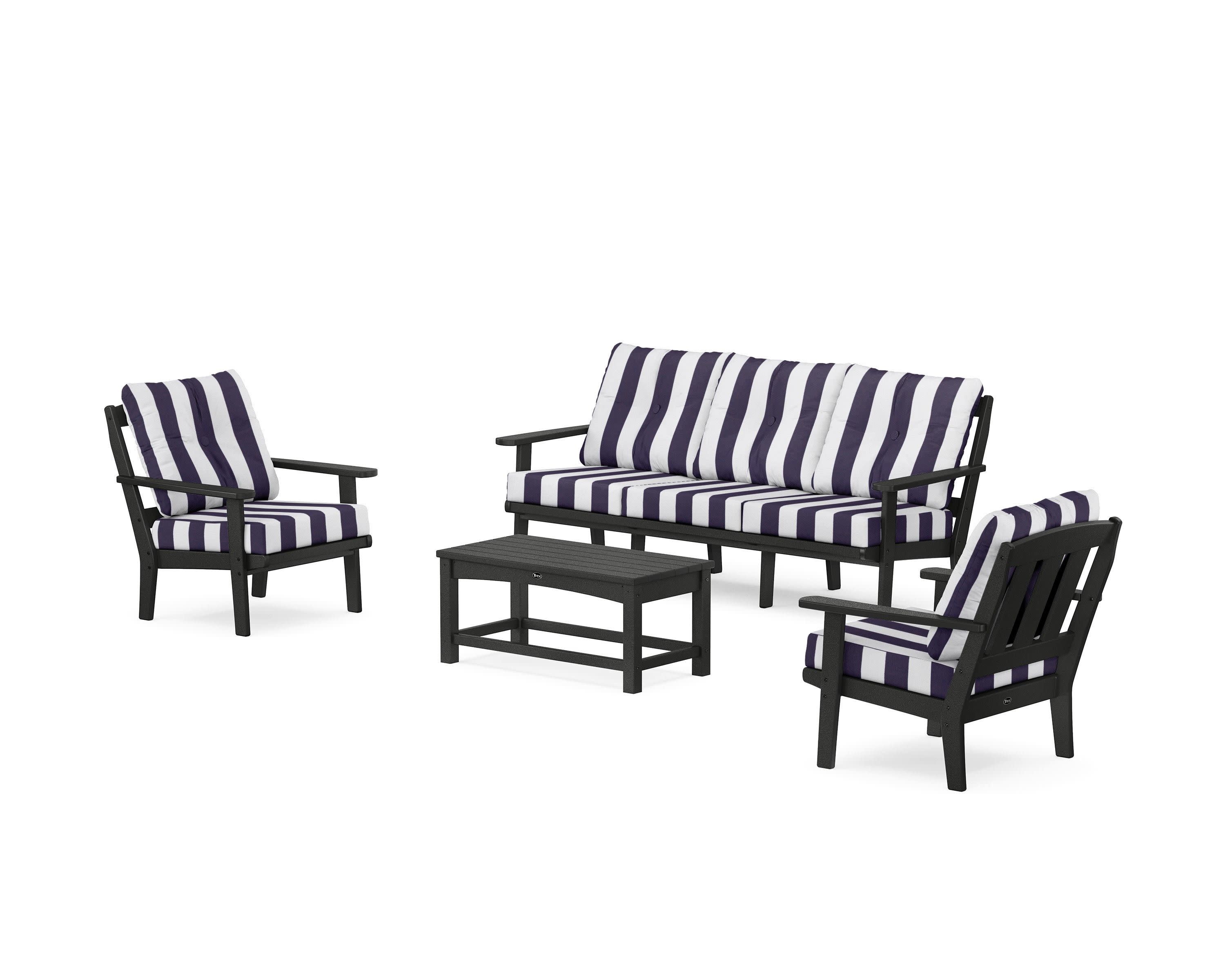 Cape Cod 4-Piece Deep Seating Set with Sofa in Charcoal Black / Cabana Stripe Navy