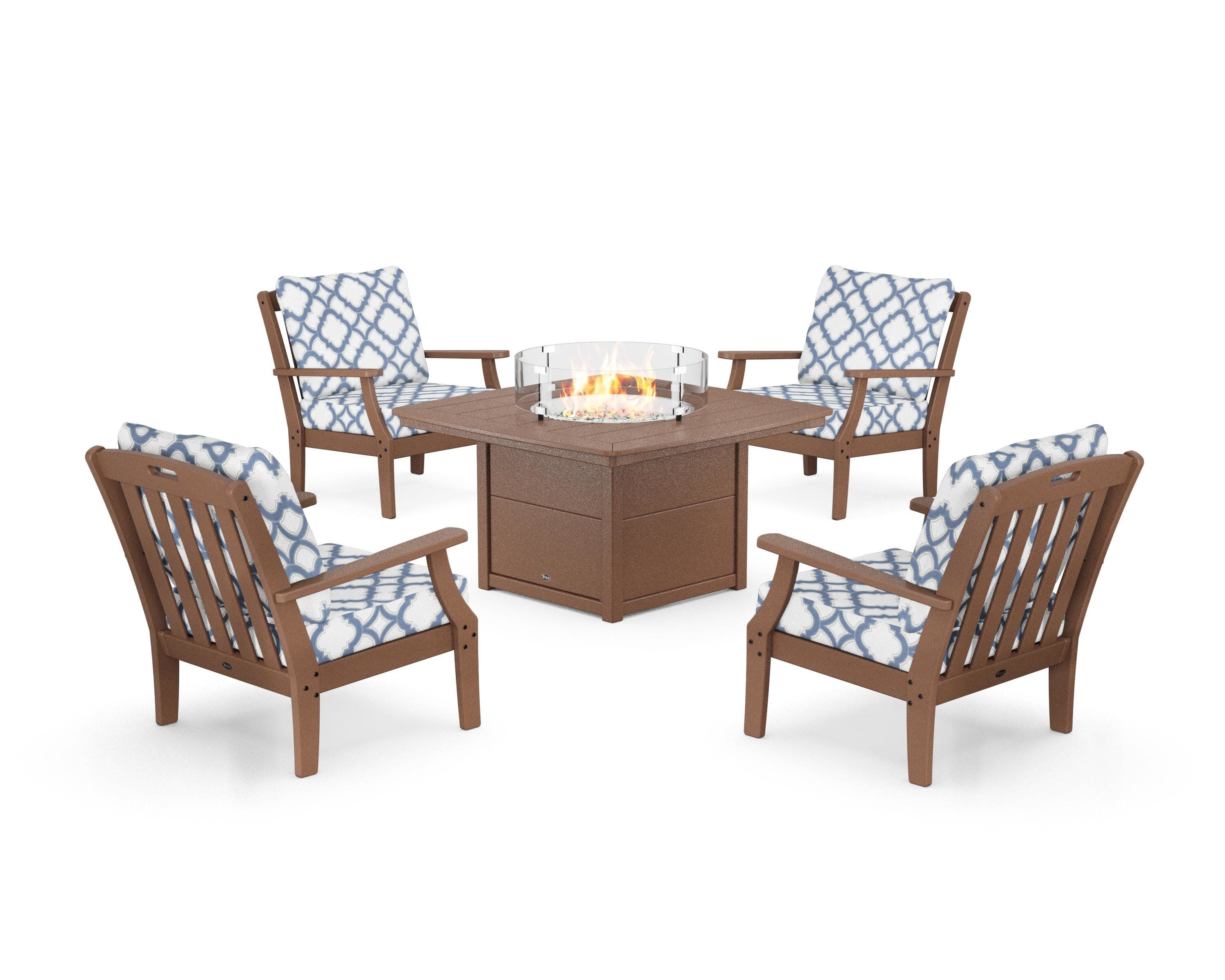 Yacht Club 5-Piece Deep Seating Set with Fire Pit Table in Tree House / Trellis Sky Blue