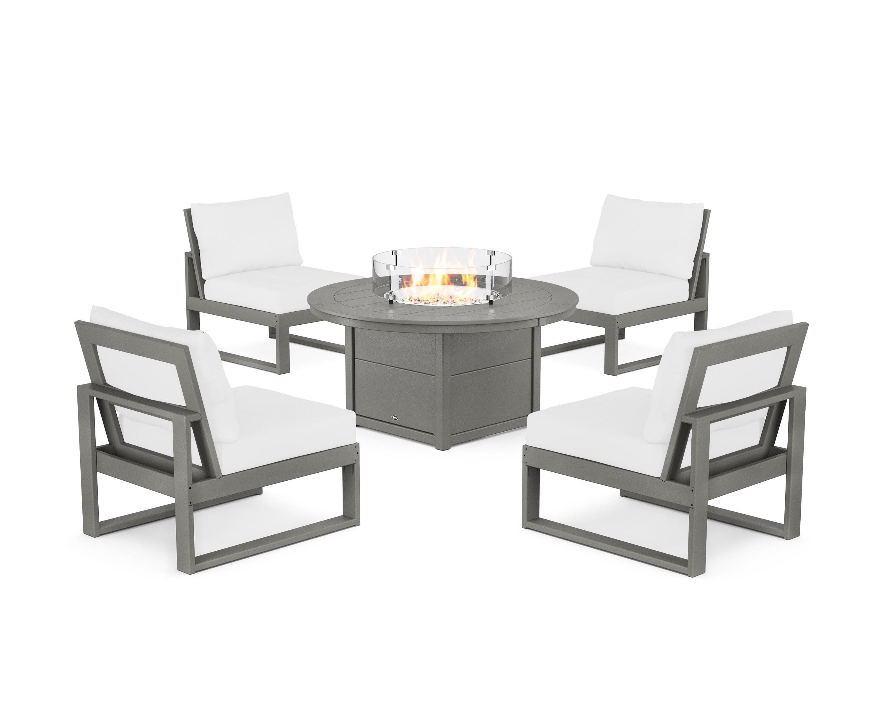 Eastport Modular 5-Piece Deep Seating Set with Round Fire Pit Table in Stepping Stone / Natural