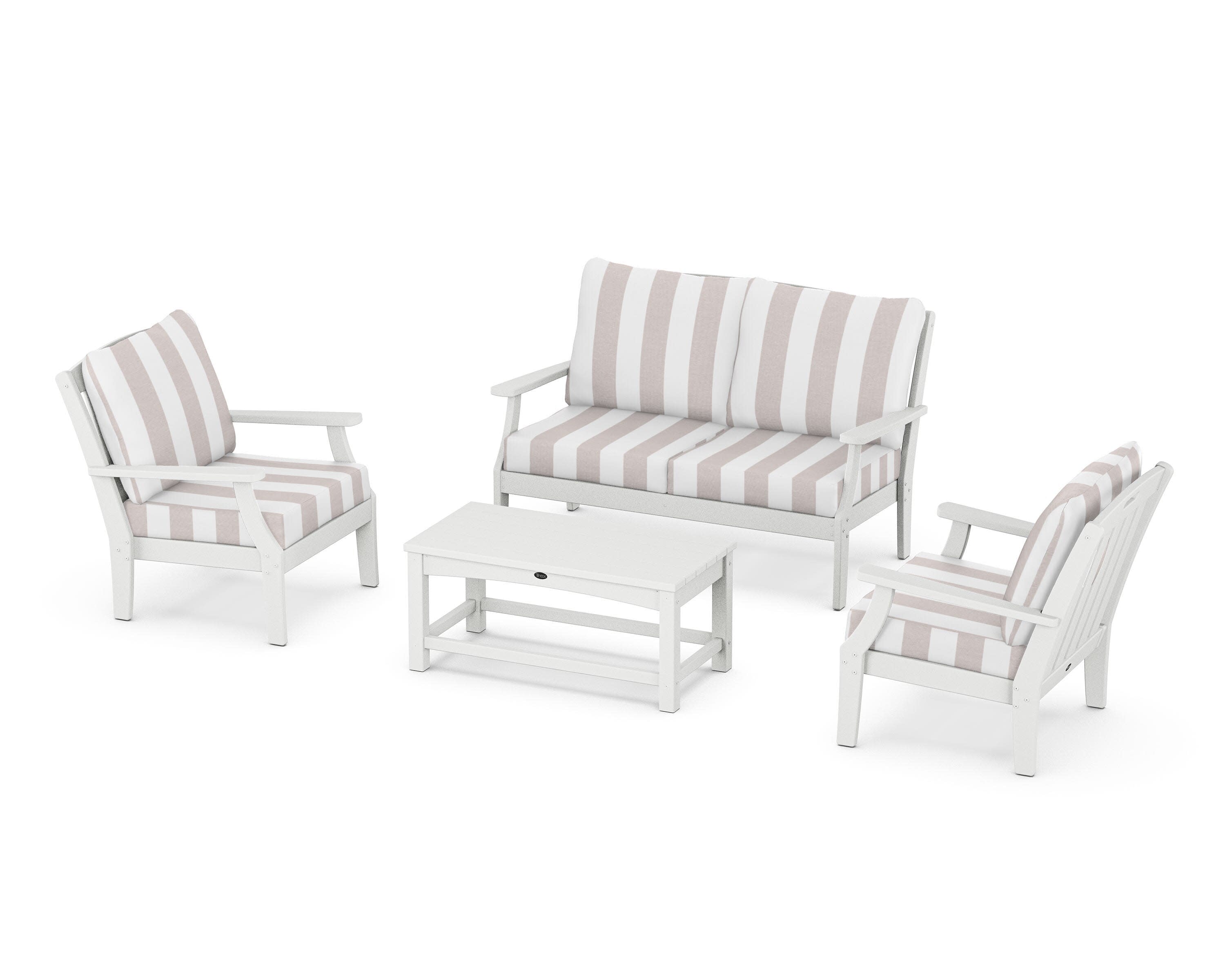 Yacht Club 4-Piece Deep Seating Chair Set in Classic White / Cabana Stripe Dune Burlap