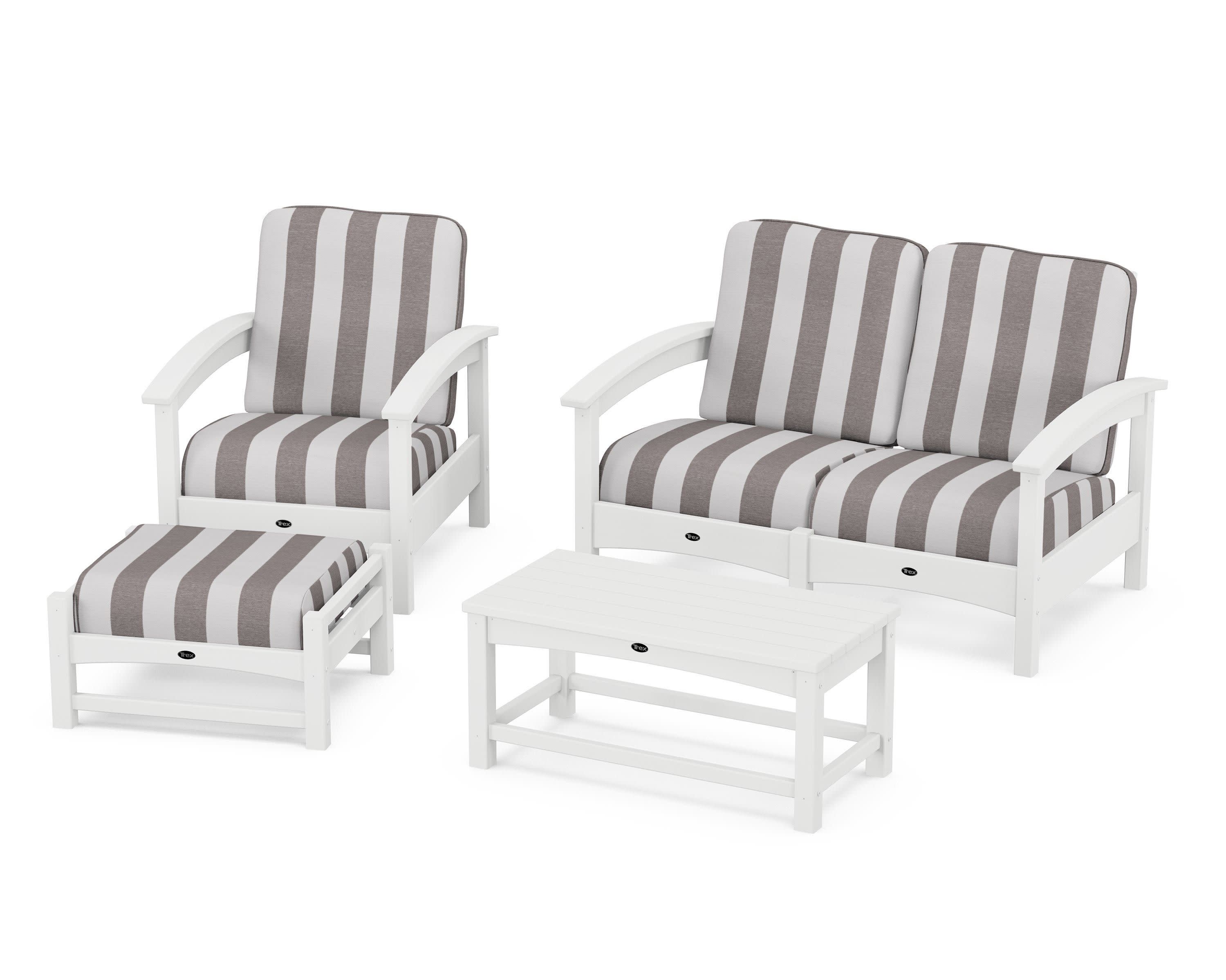 Rockport 4-Piece Deep Seating Conversation Group in Classic White / Cabana Stripe Grey Mist