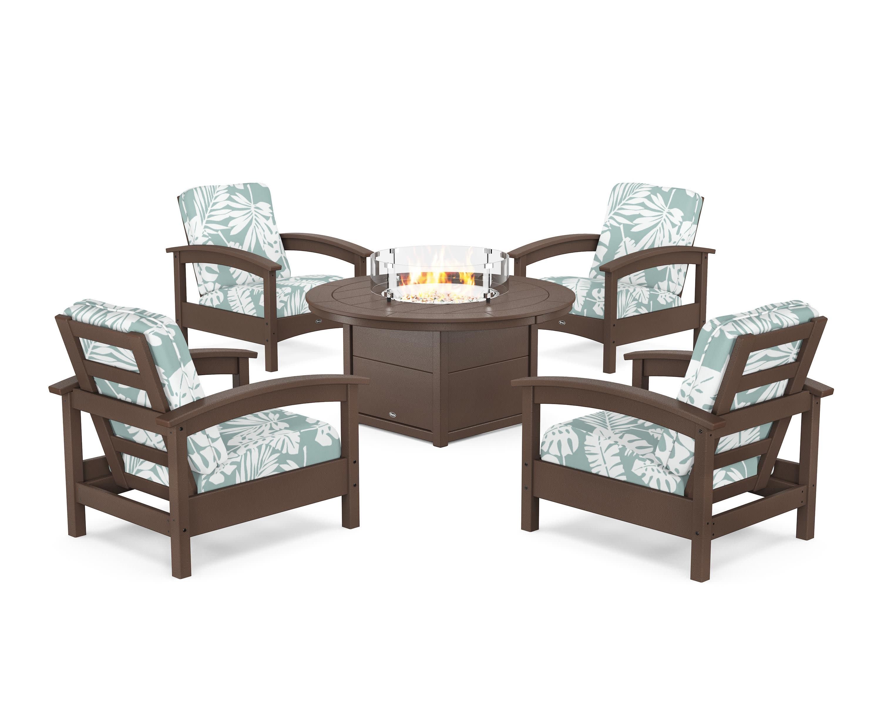 Rockport 5-Piece Deep Seating Set with Round Fire Pit Table in Vintage Lantern / Leaf Glacier Spa