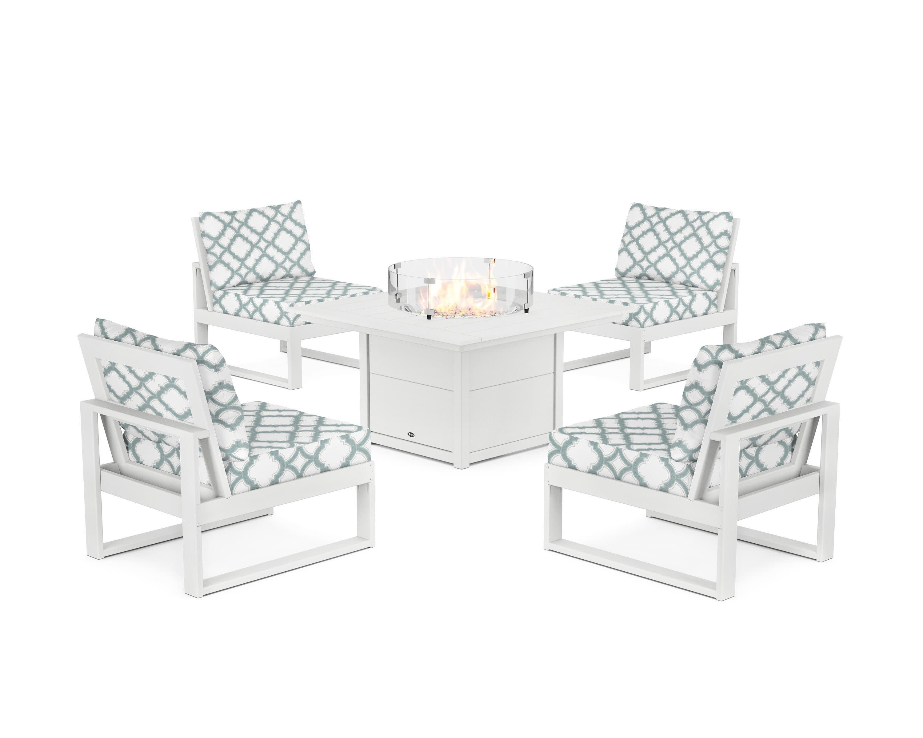 Eastport Modular 5-Piece Deep Seating Set with Square Fire Pit Table in Classic White / Trellis Glacier Spa