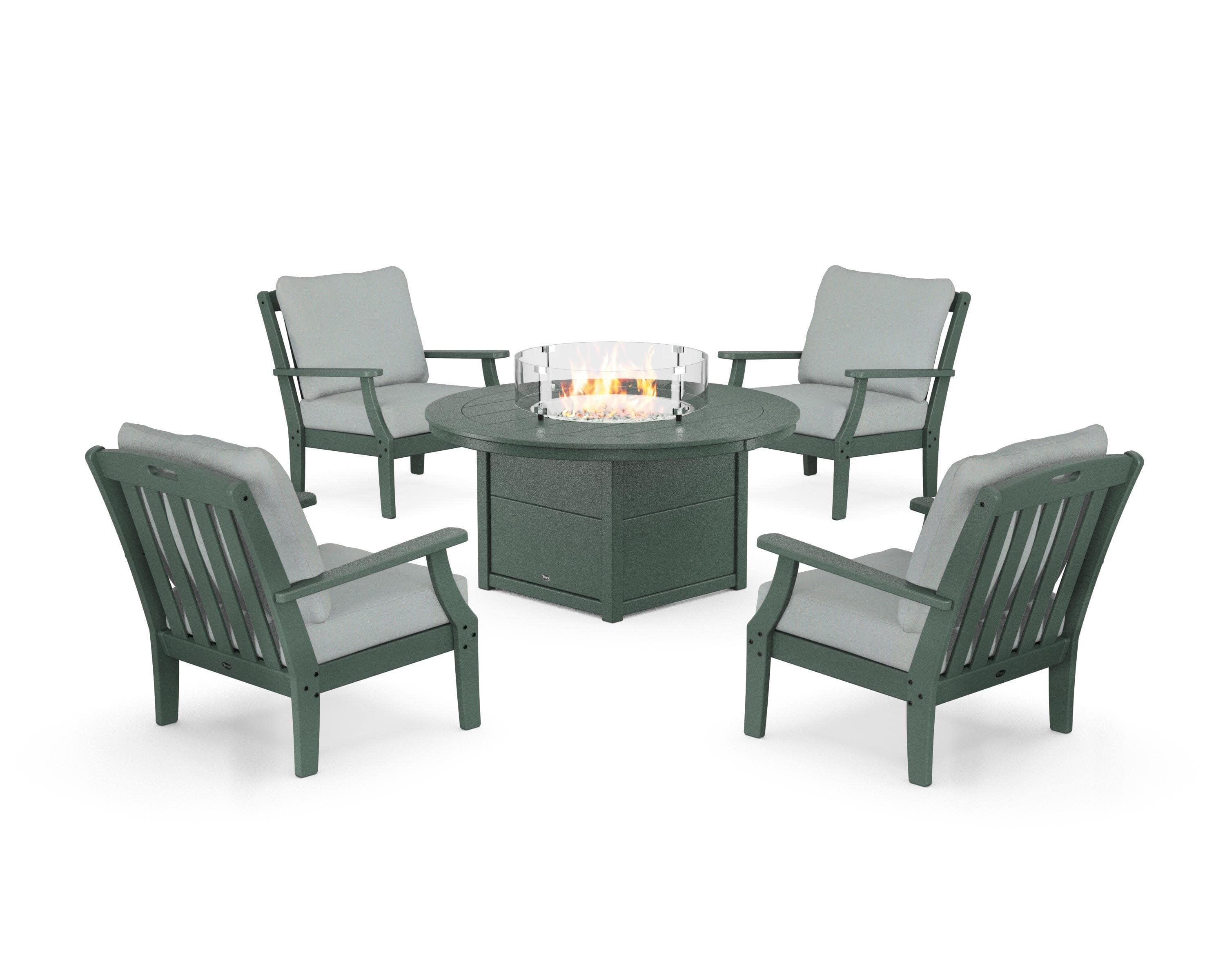 Yacht Club 5-Piece Deep Seating Set with Round Fire Pit Table in Rainforest Canopy / Spa