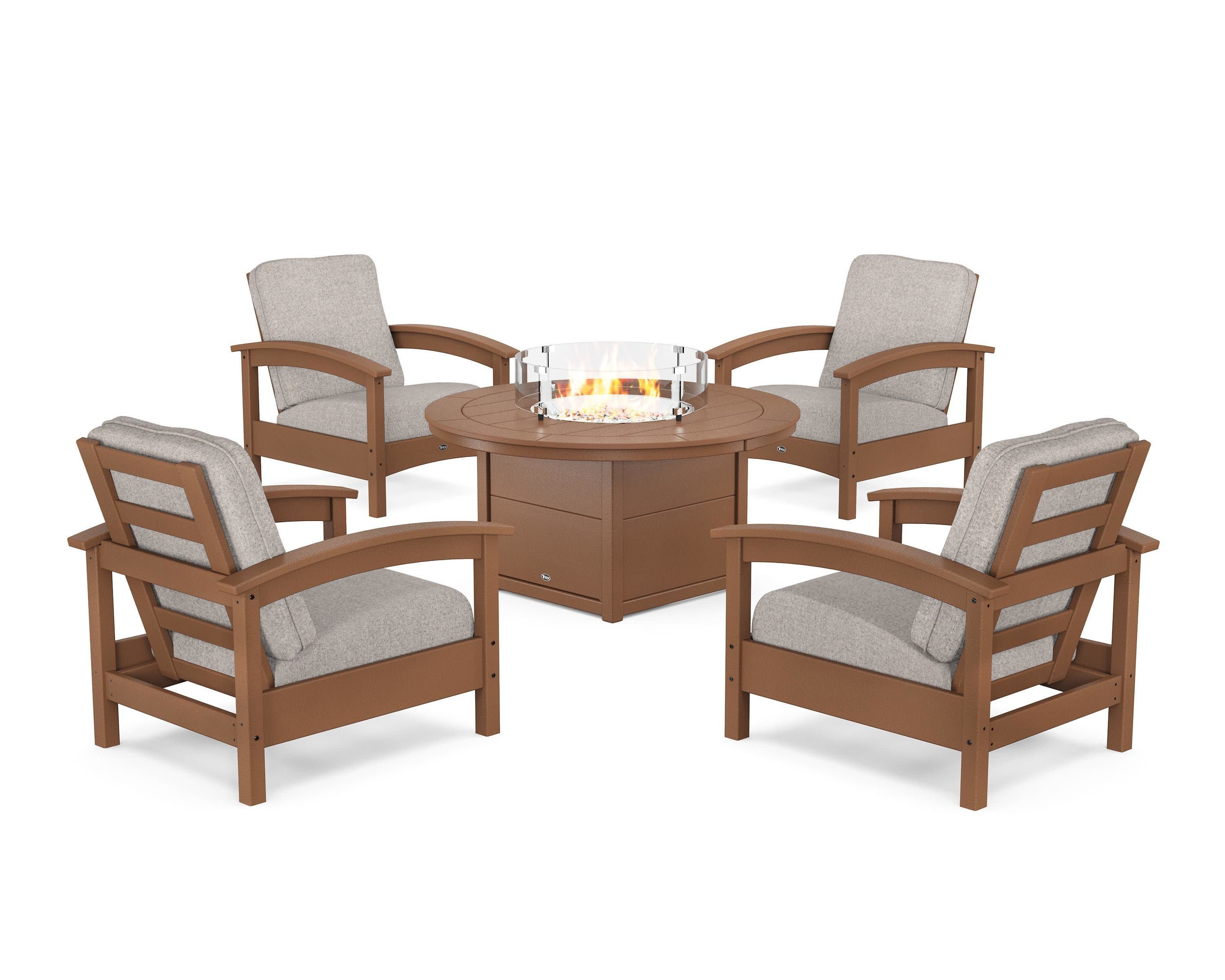 Rockport 5-Piece Deep Seating Set with Round Fire Pit Table in Tree House / Weathered Tweed